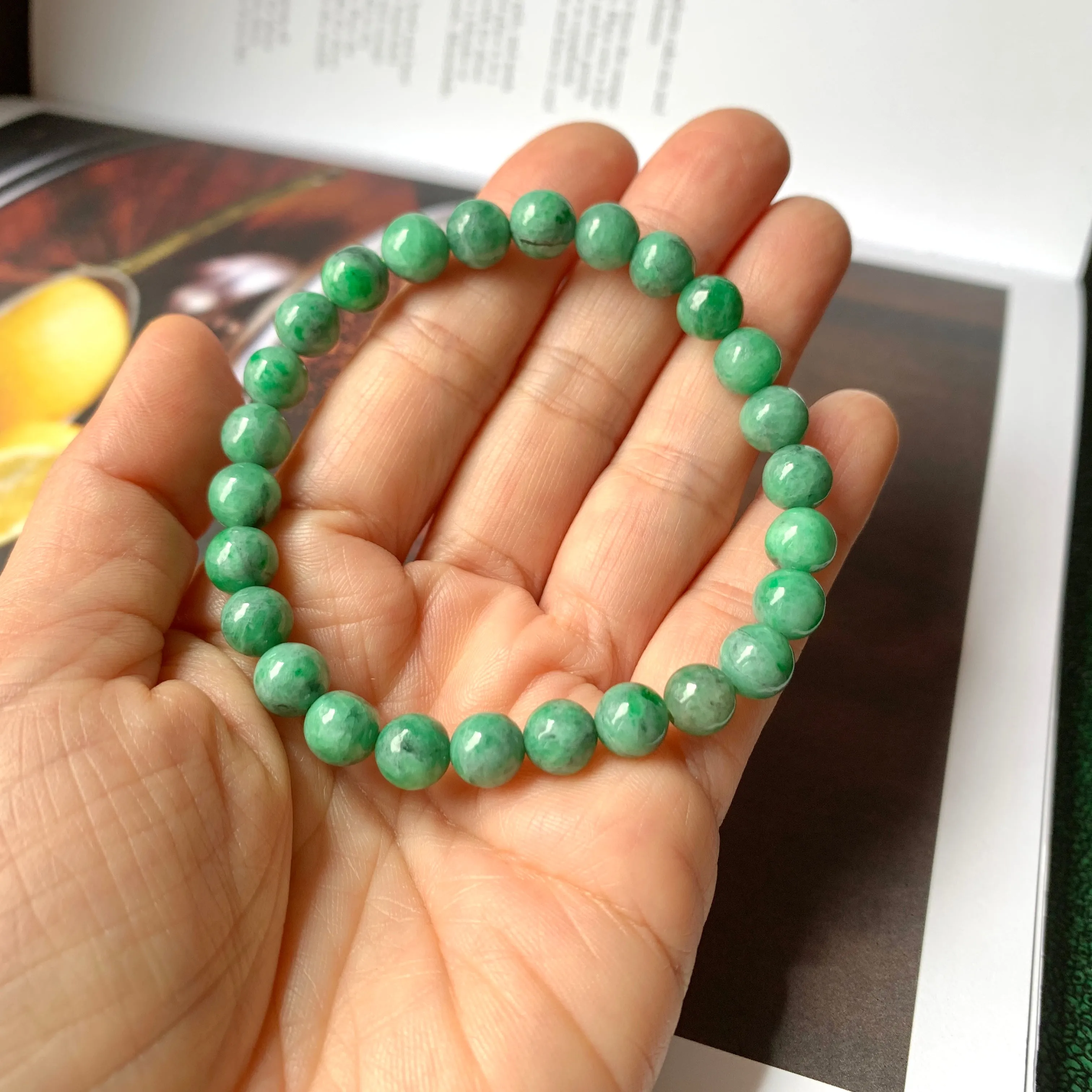 7.2mm A-Grade Natural Imperial Green Jadeite Beaded Bracelet No.220425