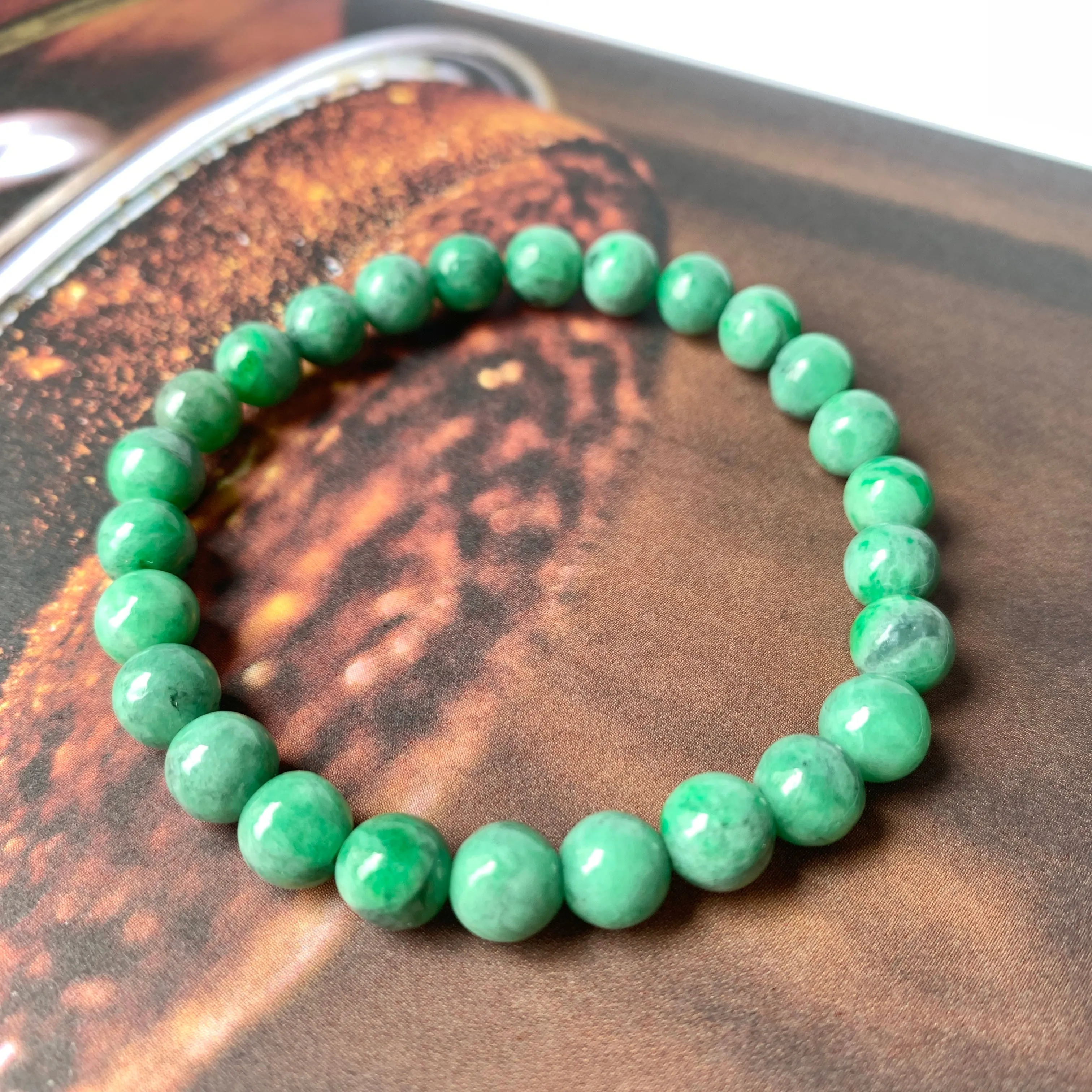 7.2mm A-Grade Natural Imperial Green Jadeite Beaded Bracelet No.220425