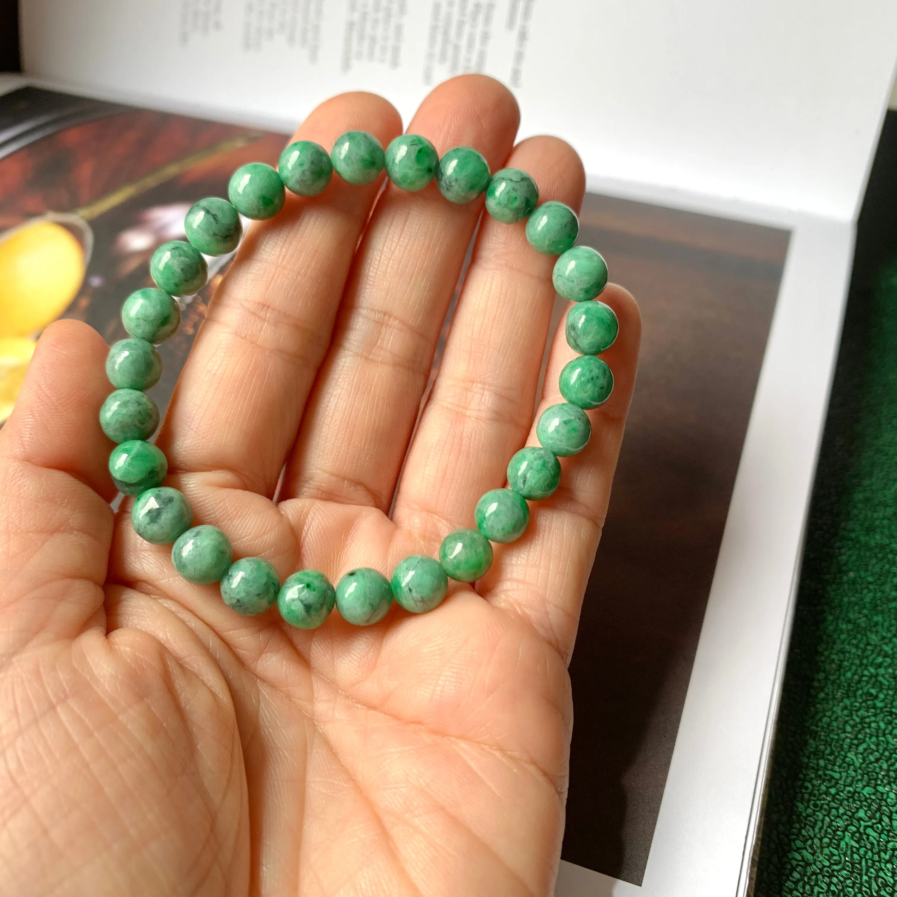 7.2mm A-Grade Natural Imperial Green Jadeite Beaded Bracelet No.220425