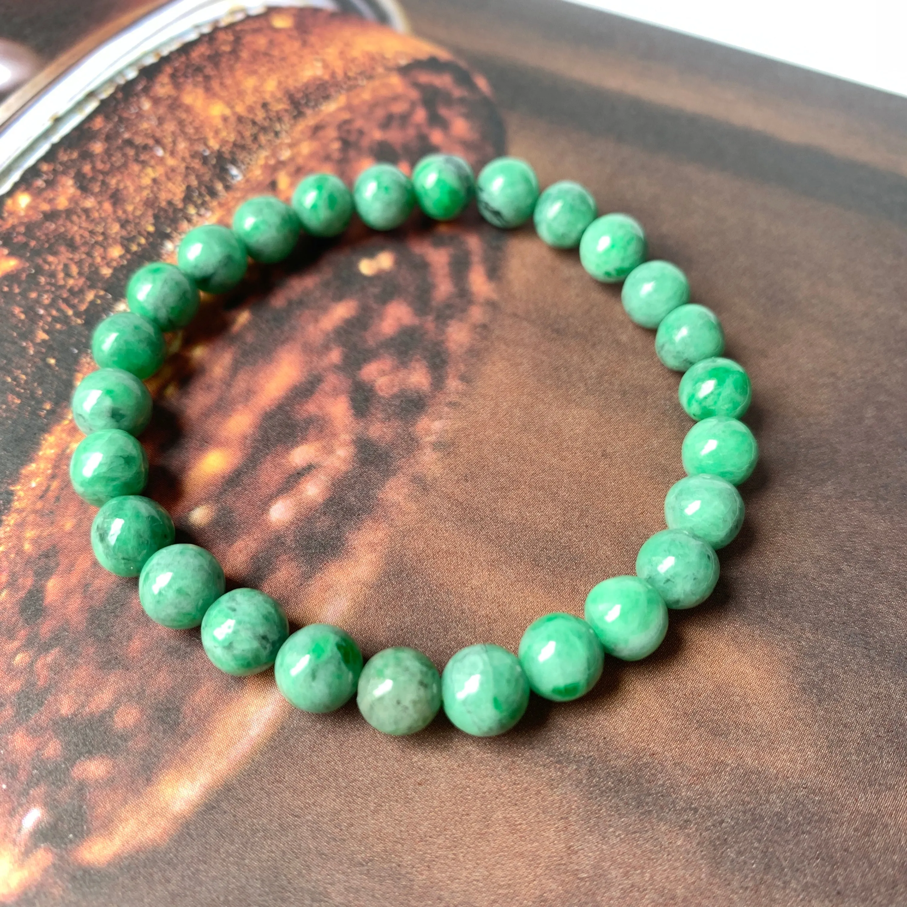 7.2mm A-Grade Natural Imperial Green Jadeite Beaded Bracelet No.220425