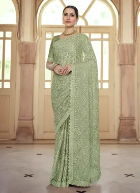 Admirable Chiffon Fabric Green Color Resham Work Embroidered Saree