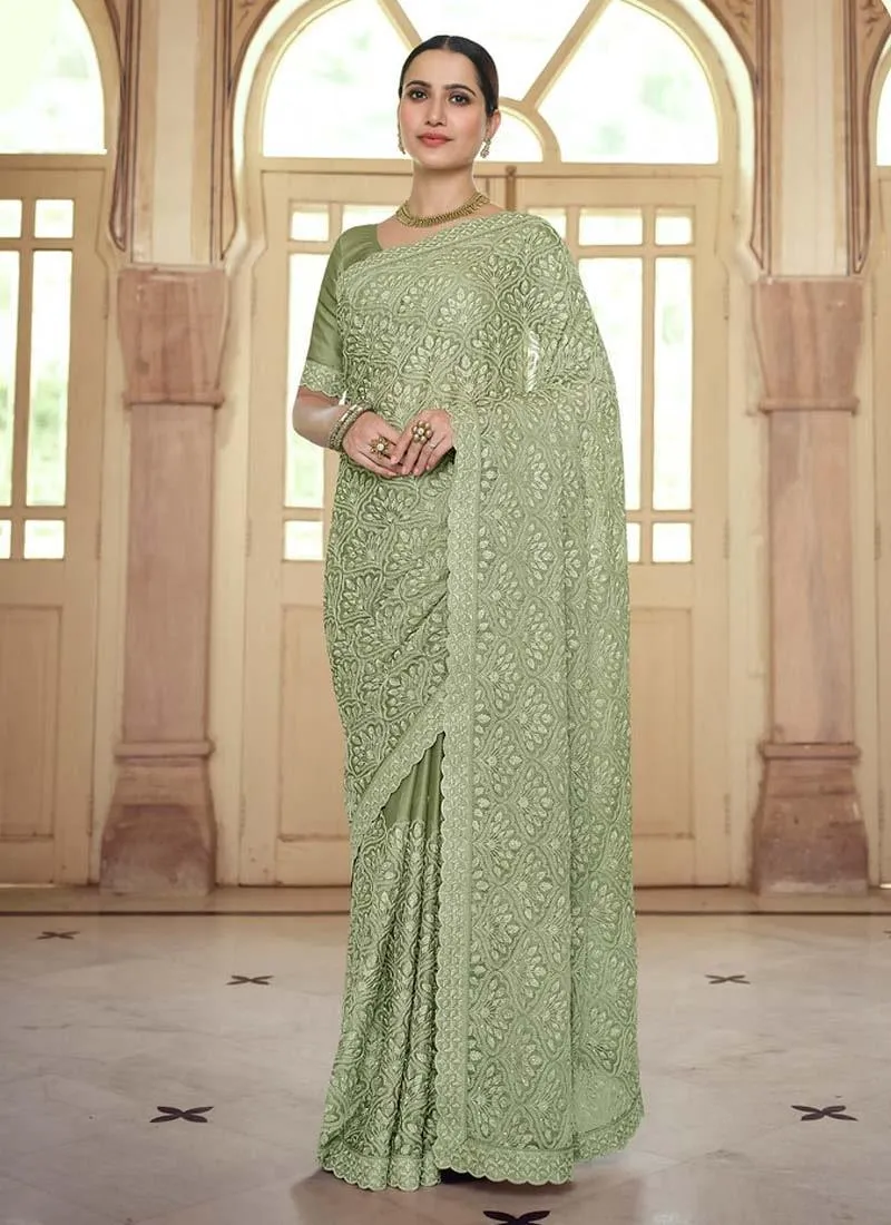 Admirable Chiffon Fabric Green Color Resham Work Embroidered Saree