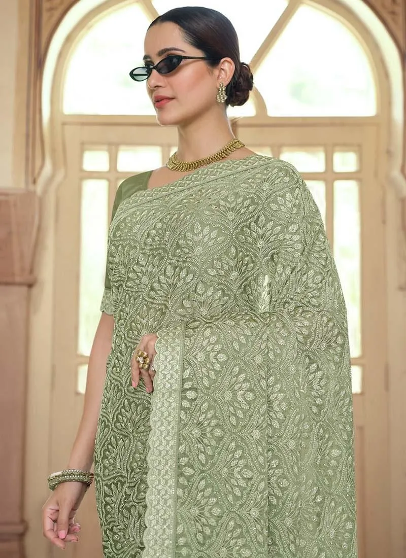 Admirable Chiffon Fabric Green Color Resham Work Embroidered Saree