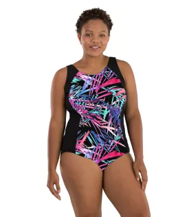 AquaSport Princess Seam Tanksuit - Tall - Sunset Palm Print Black - FINAL SALE