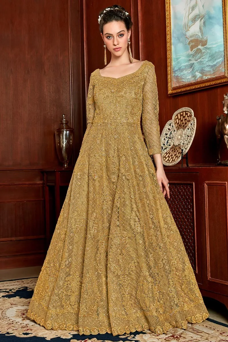 Beige Color Fancy Net Embroidered Anarkali Suit