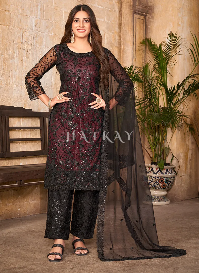 Black And Maroon Sequence Embroidered Pant Suit