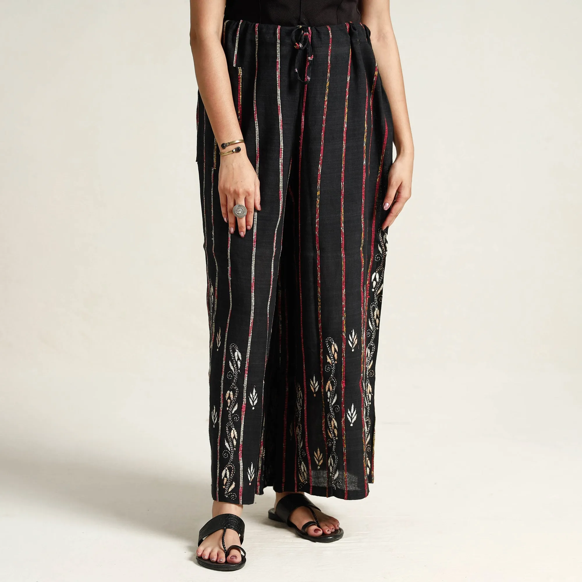 Black - Bengal Khesh Weaving Kantha Embroidery Cotton Palazzo 10
