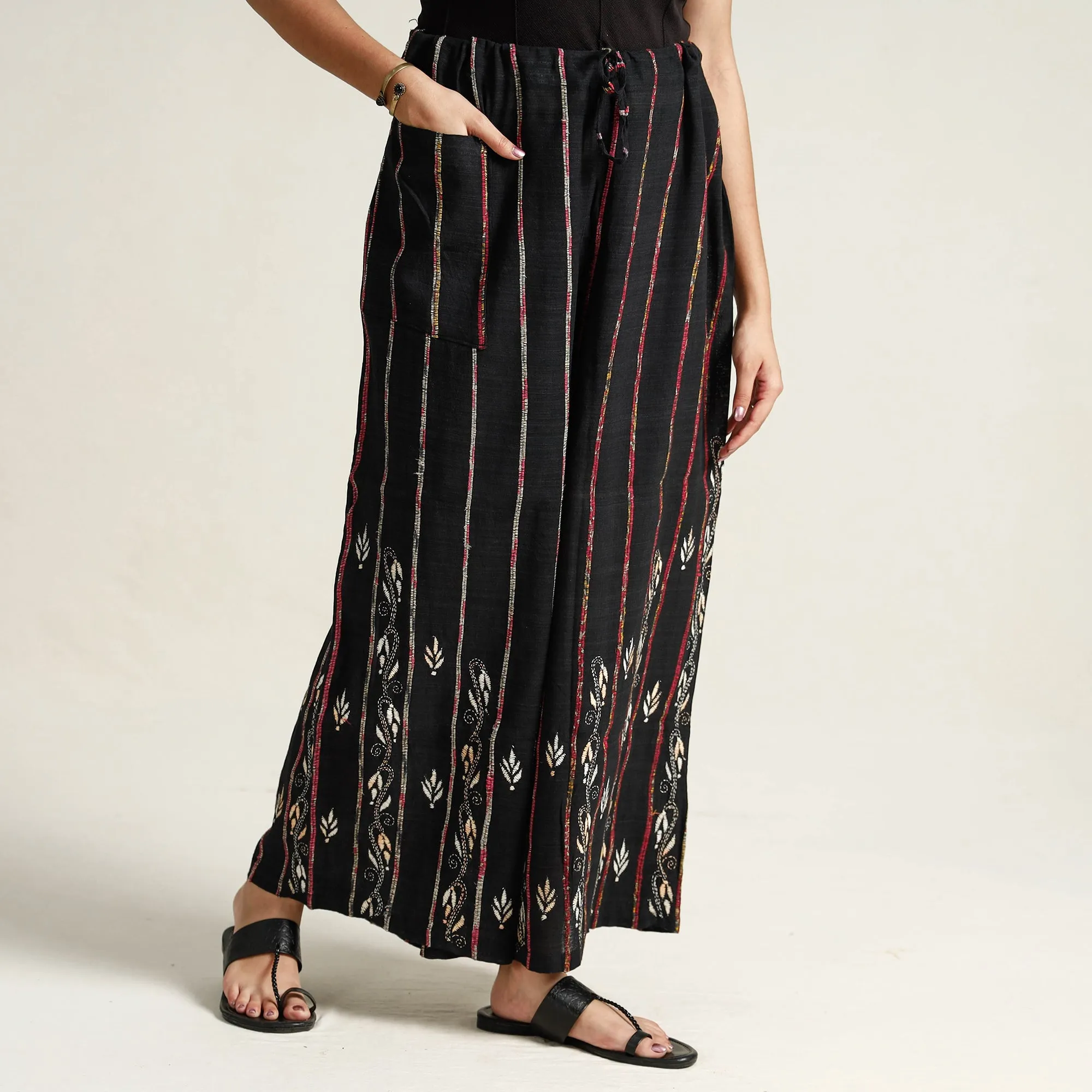 Black - Bengal Khesh Weaving Kantha Embroidery Cotton Palazzo 10