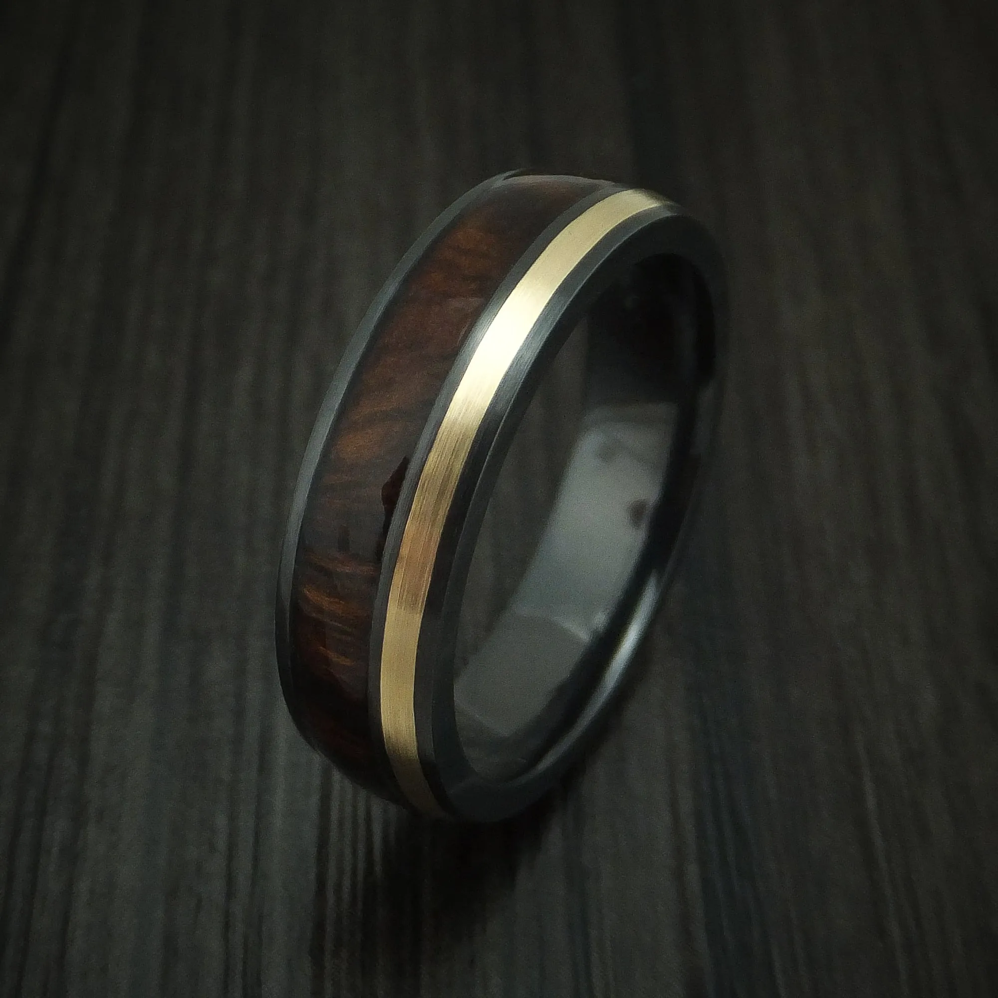 Black Titanium and Gold Men's Ring with Hardwood Inlay Custom Made