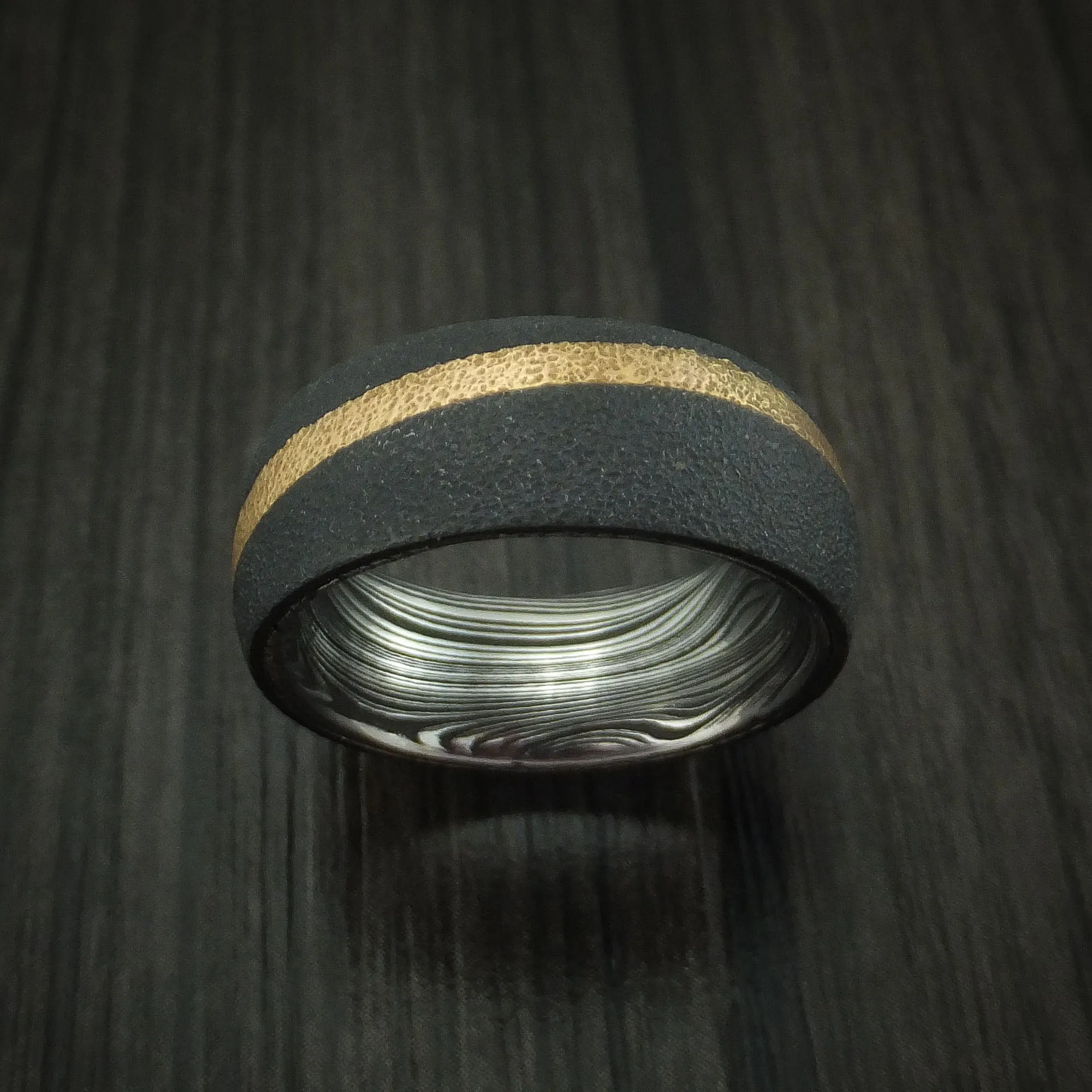 Black Titanium and Gold Men's Ring with Marble Kuro Damascus Sleeve