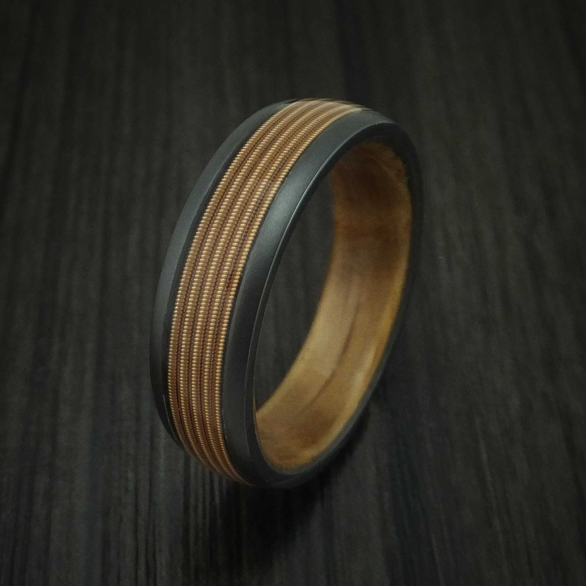 Black Titanium Guitar String Men's Ring With Hardwood Sleeve Custom Made Band