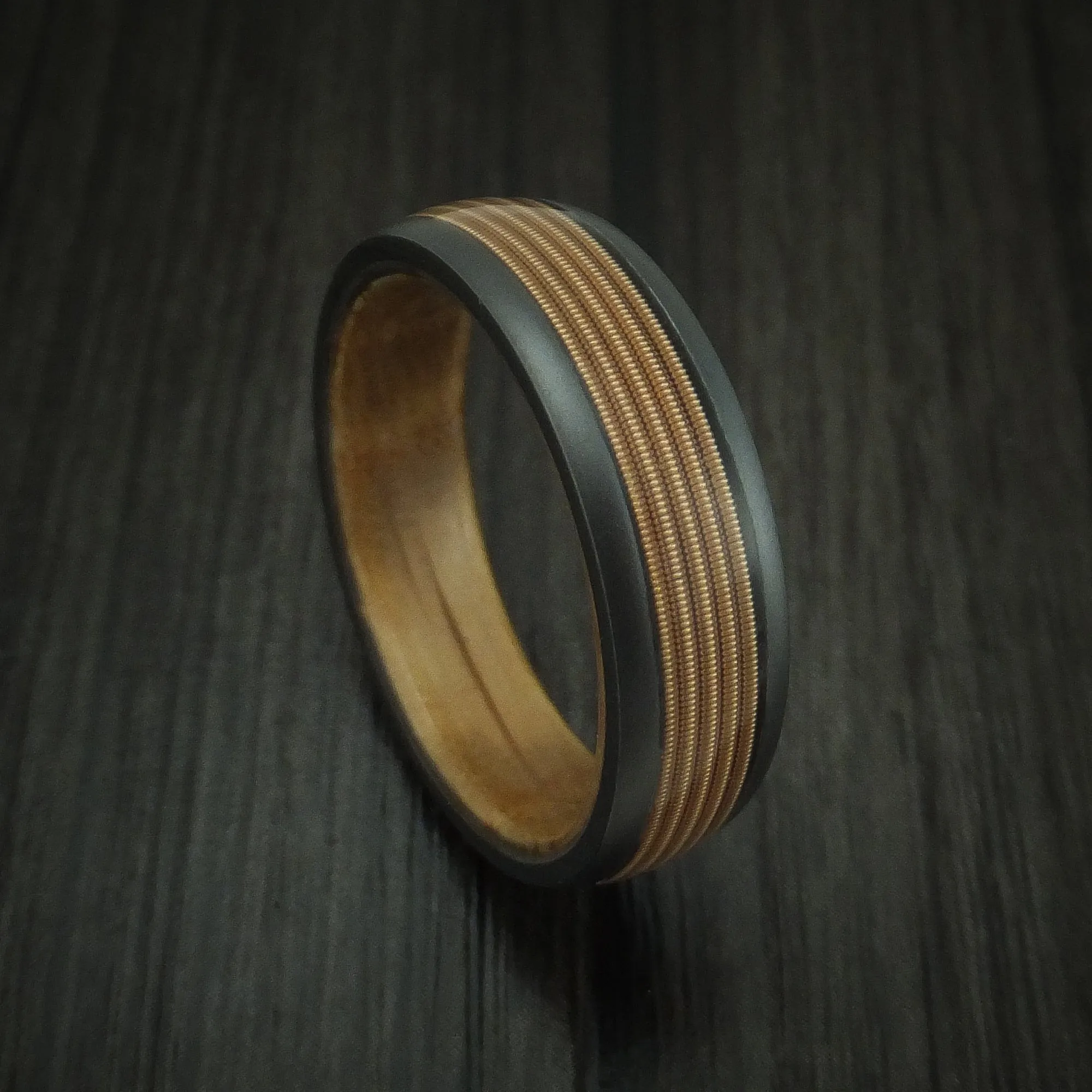 Black Titanium Guitar String Men's Ring With Hardwood Sleeve Custom Made Band