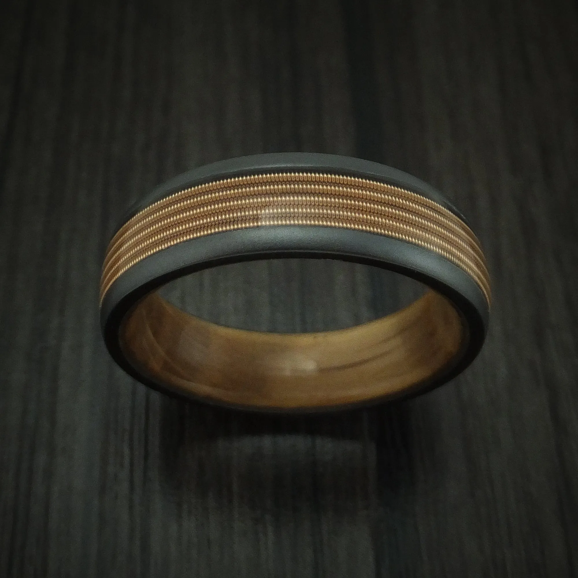 Black Titanium Guitar String Men's Ring With Hardwood Sleeve Custom Made Band