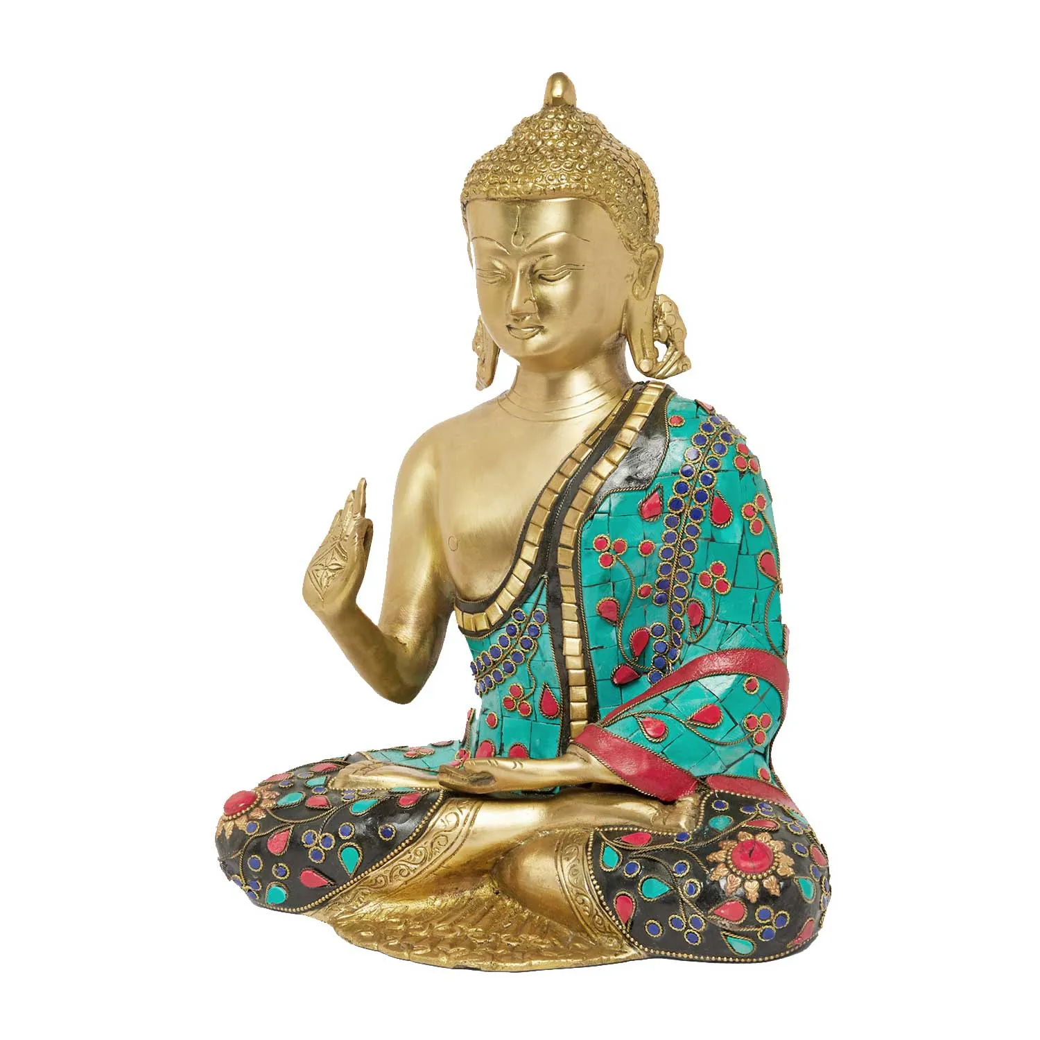 Brass Flower Stonework Blessing Buddha 12.5 in