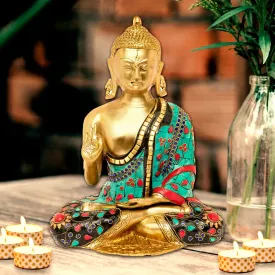 Brass Flower Stonework Blessing Buddha 12.5 in