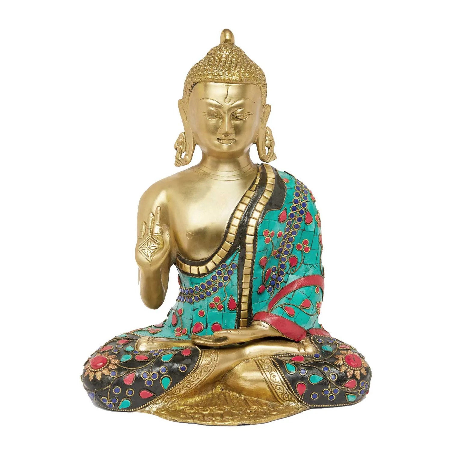 Brass Flower Stonework Blessing Buddha 12.5 in