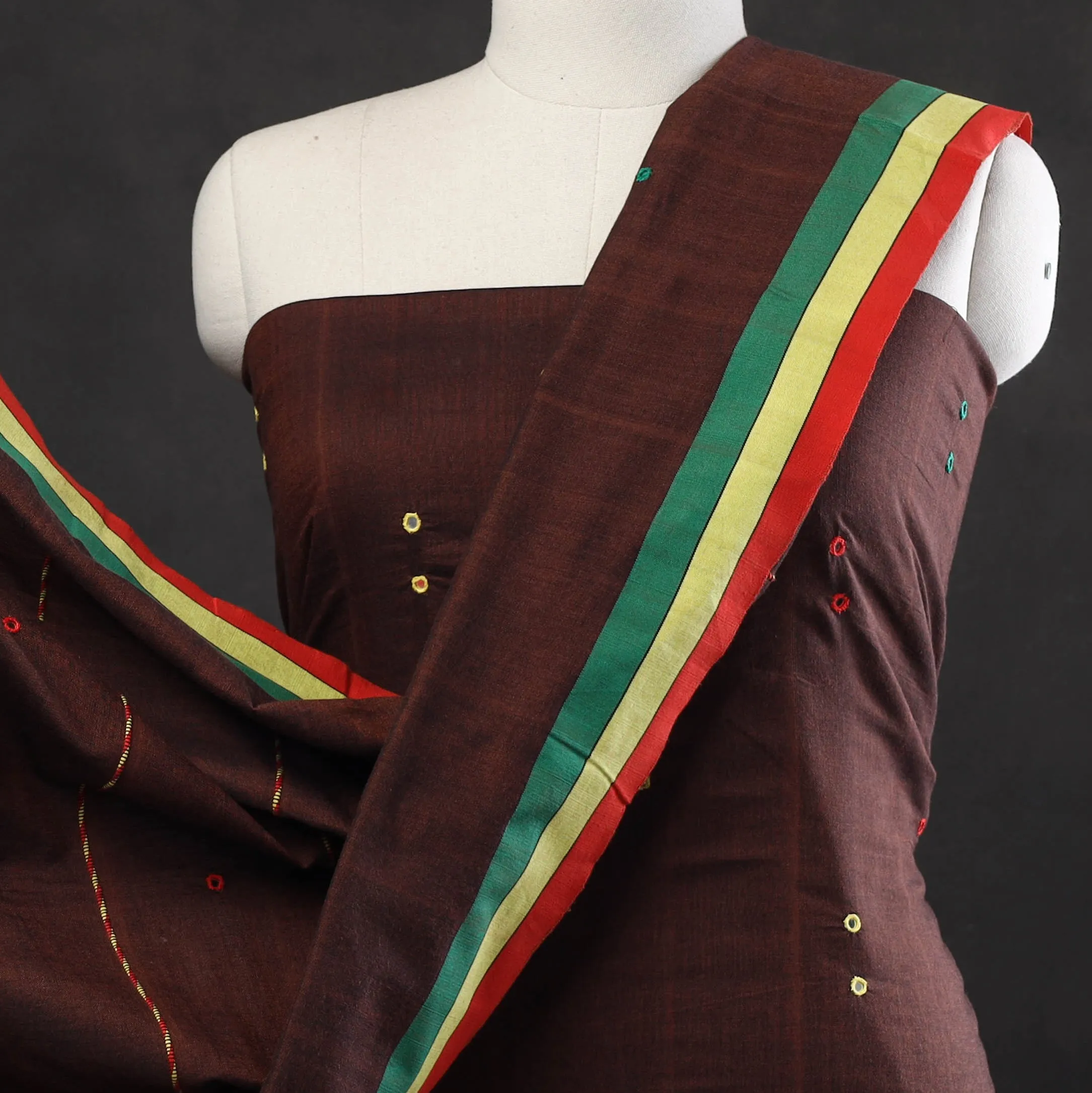 Brown - 3pc Bhujodi Mirror Work Handloom Cotton Suit Material Set 08