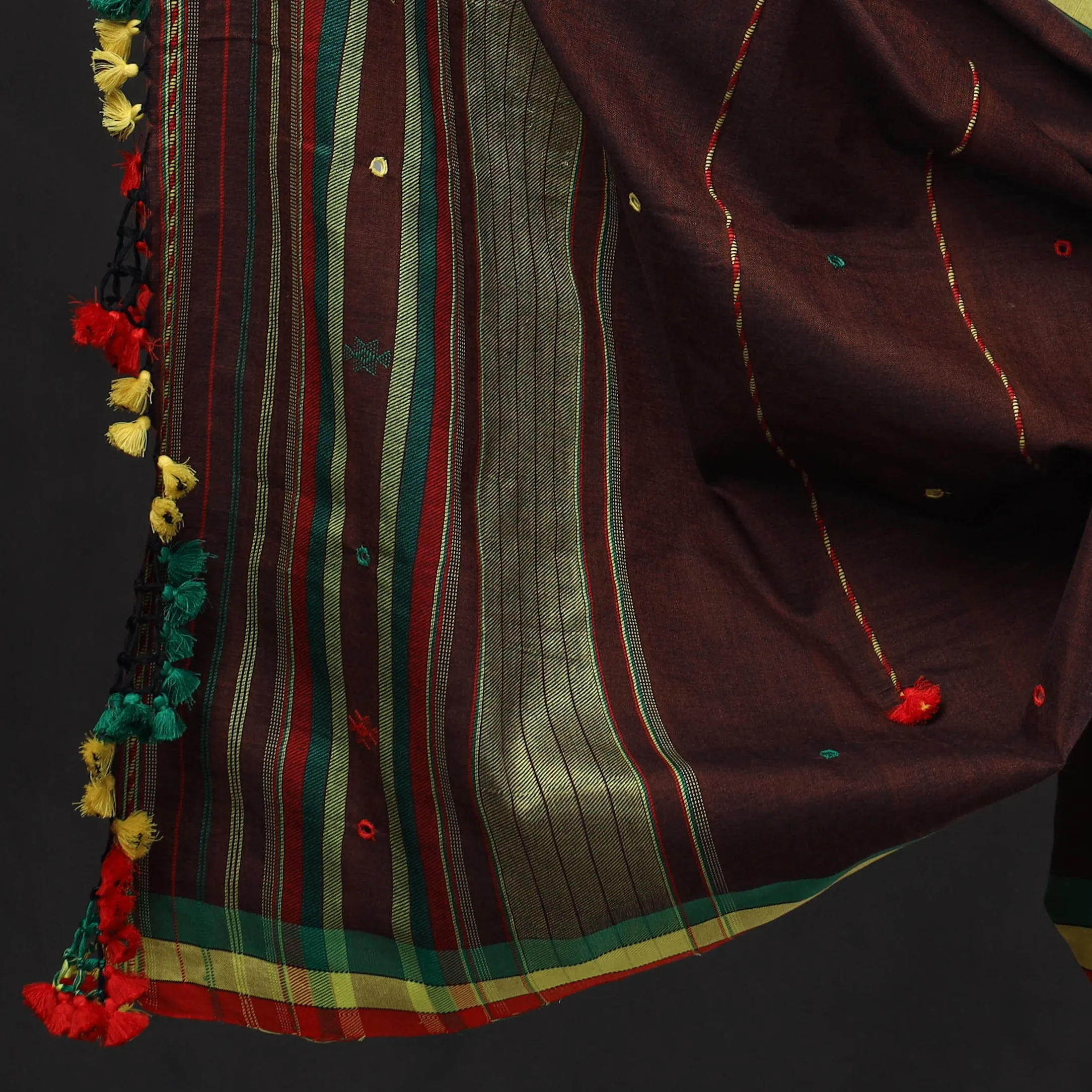 Brown - 3pc Bhujodi Mirror Work Handloom Cotton Suit Material Set 08