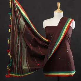 Brown - 3pc Bhujodi Mirror Work Handloom Cotton Suit Material Set 08