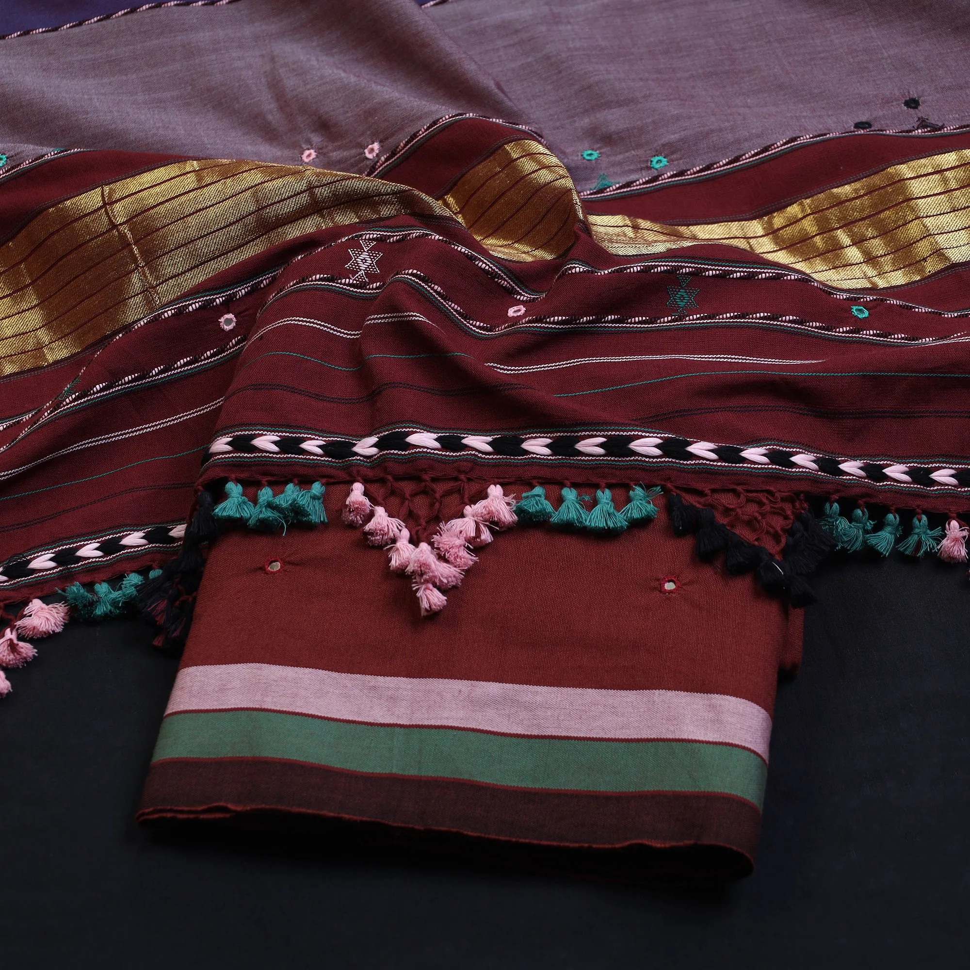 Brown - 3pc Bhujodi Mirror Work Handloom Cotton Suit Material Set 18