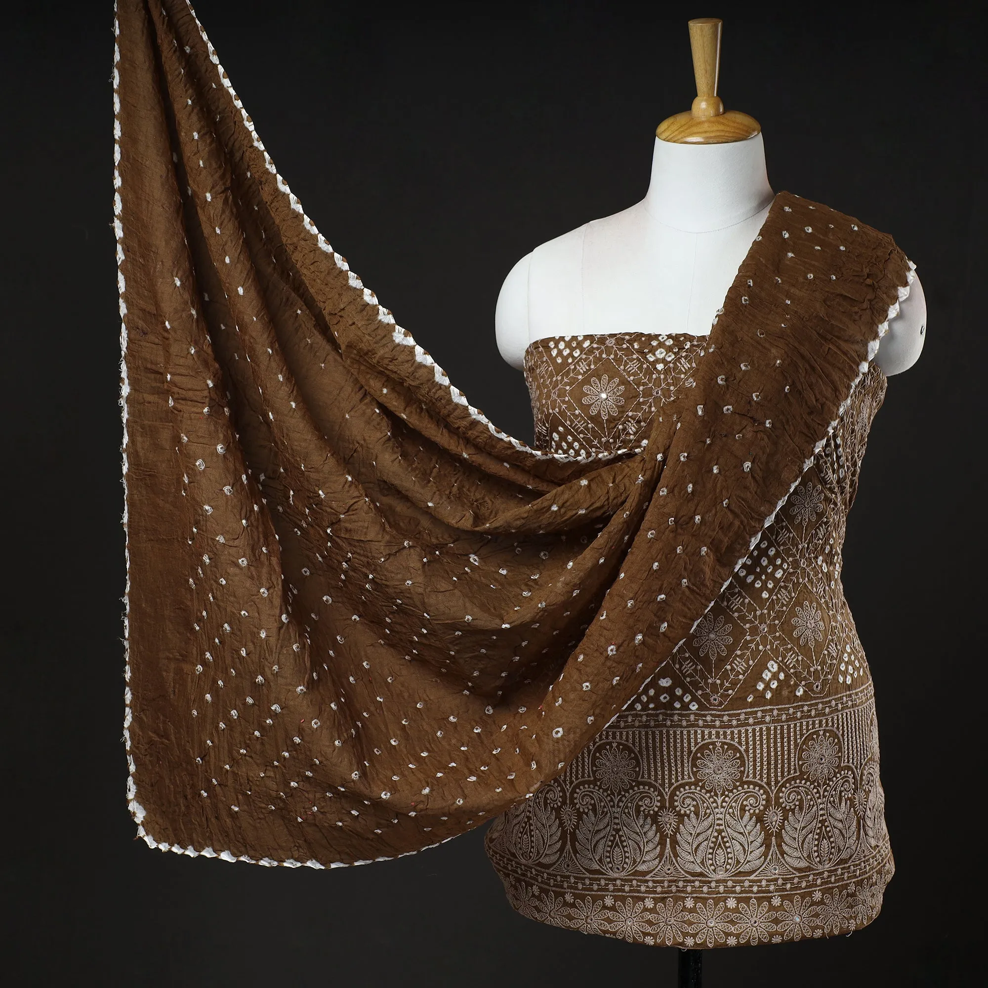 Brown - 3pc Kutch Bandhani Tie-Dye Mirror Work Satin Cotton Suit Material Set 61