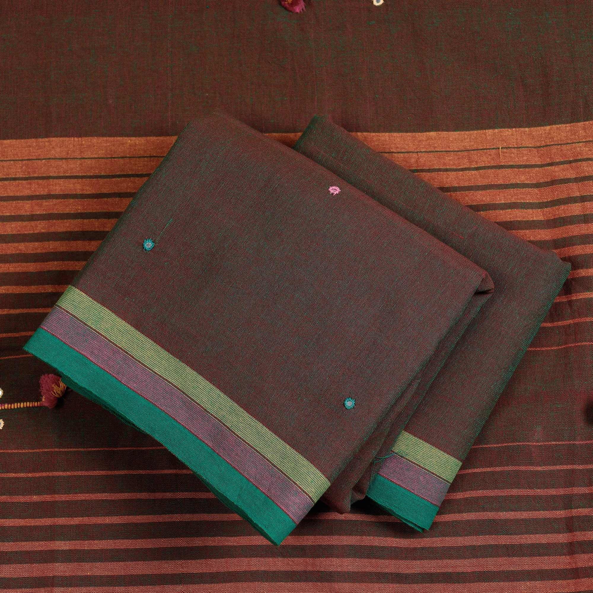 Brown - 3pc Kutch Bhujodi Weaving Handloom Organic Kala Cotton Suit Material Set