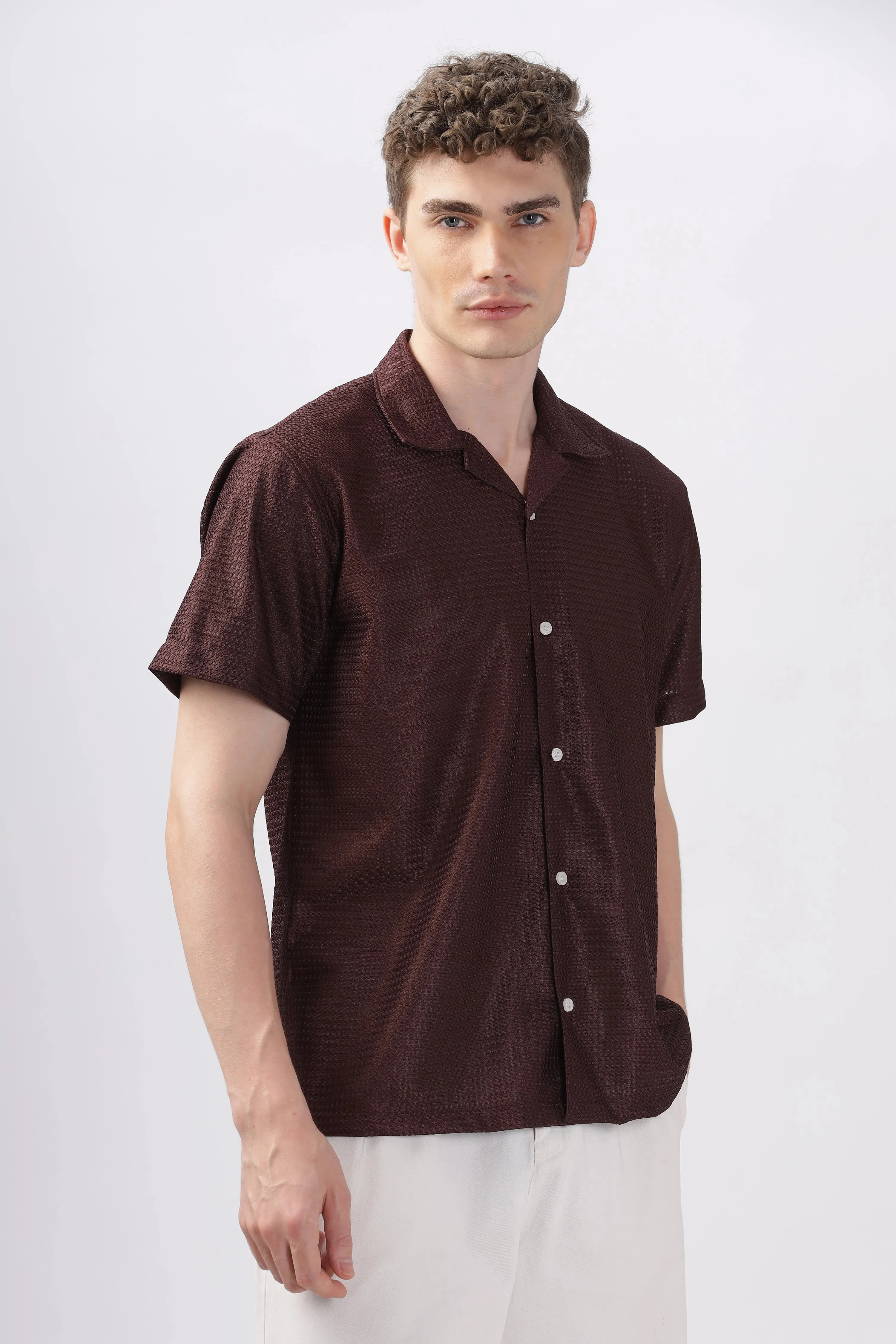 Brown textured turkish weave half sleeve shirt