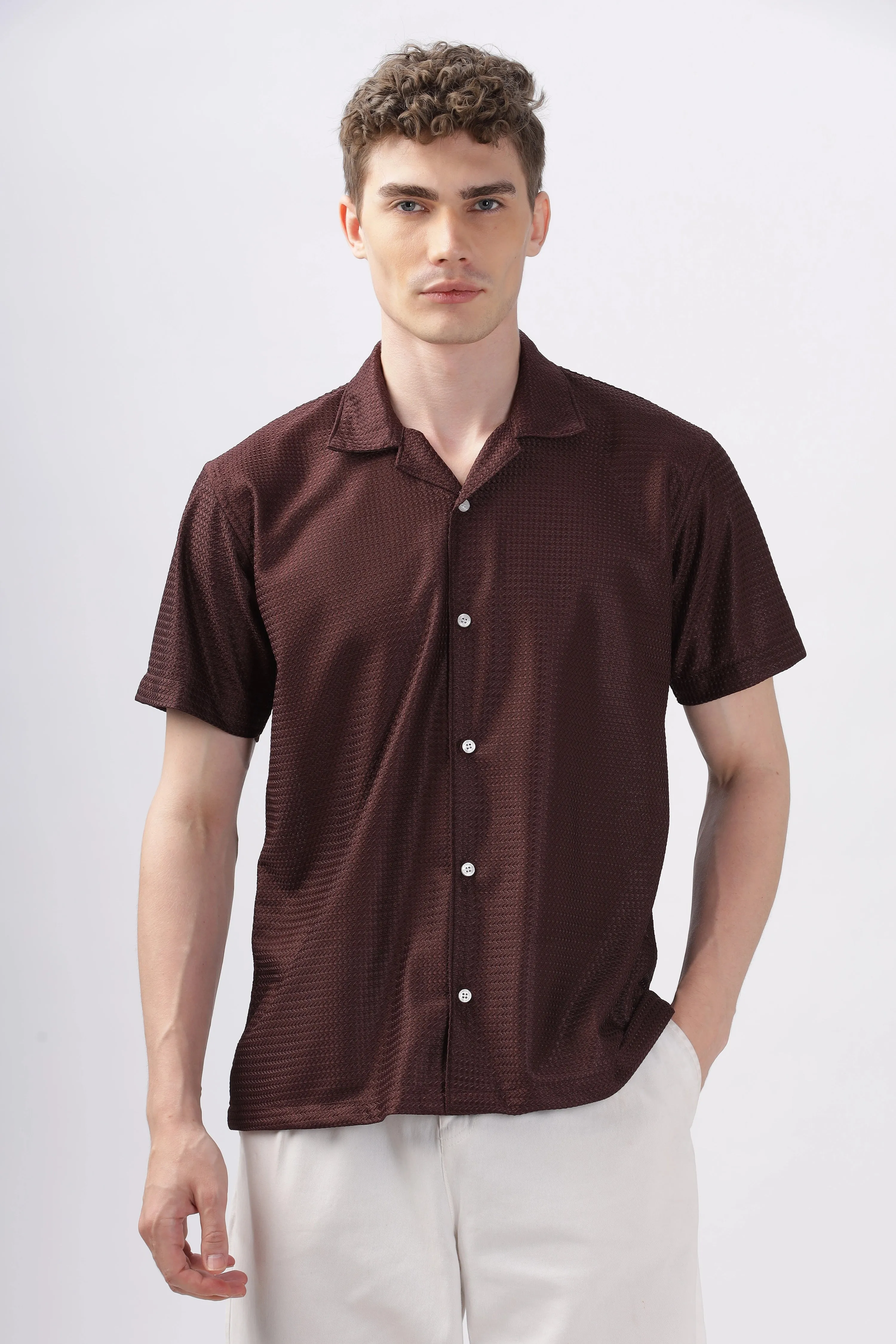 Brown textured turkish weave half sleeve shirt