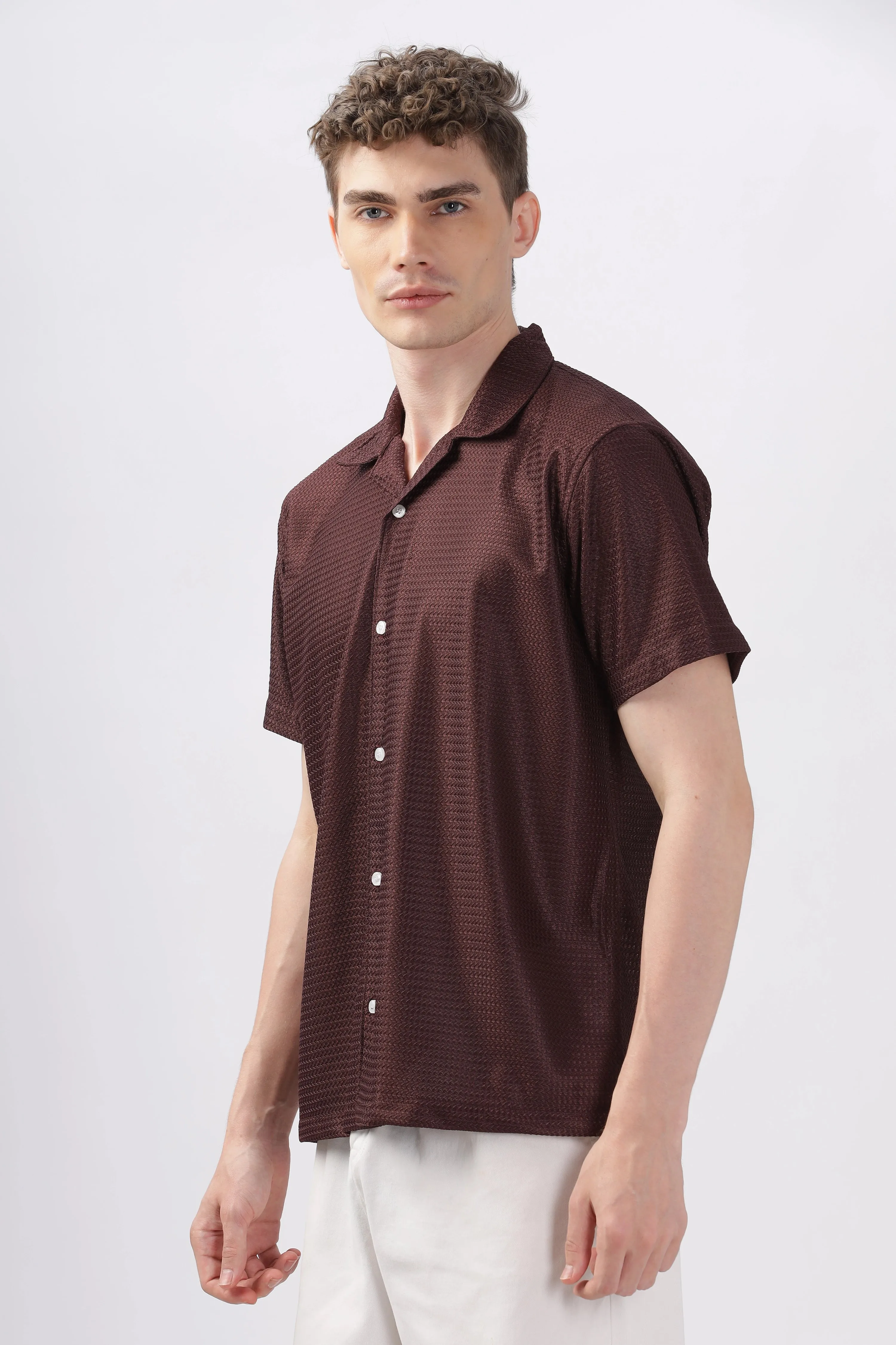 Brown textured turkish weave half sleeve shirt