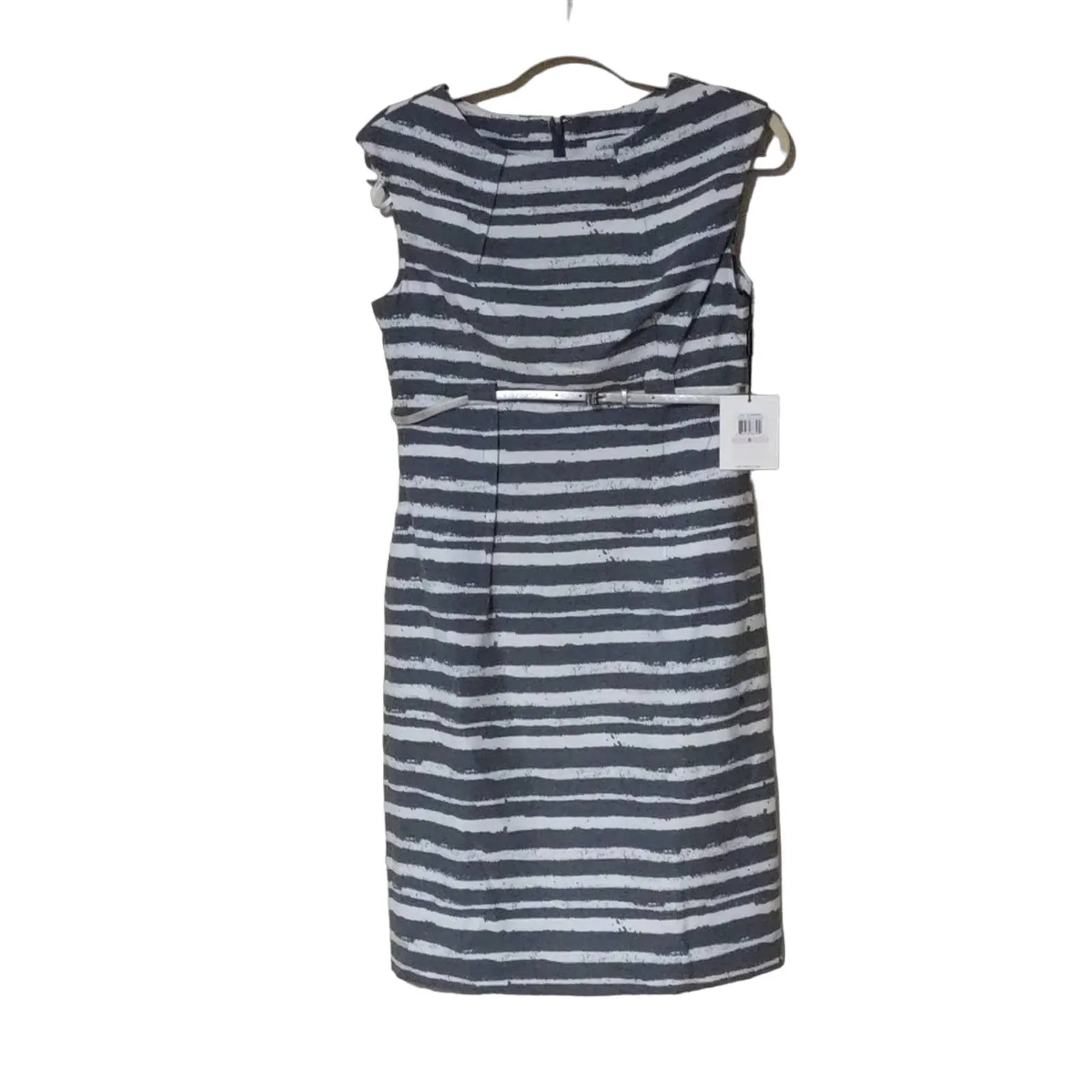 Calvin Klein Pleated & Belted Striped Sheath Dress in gray and white