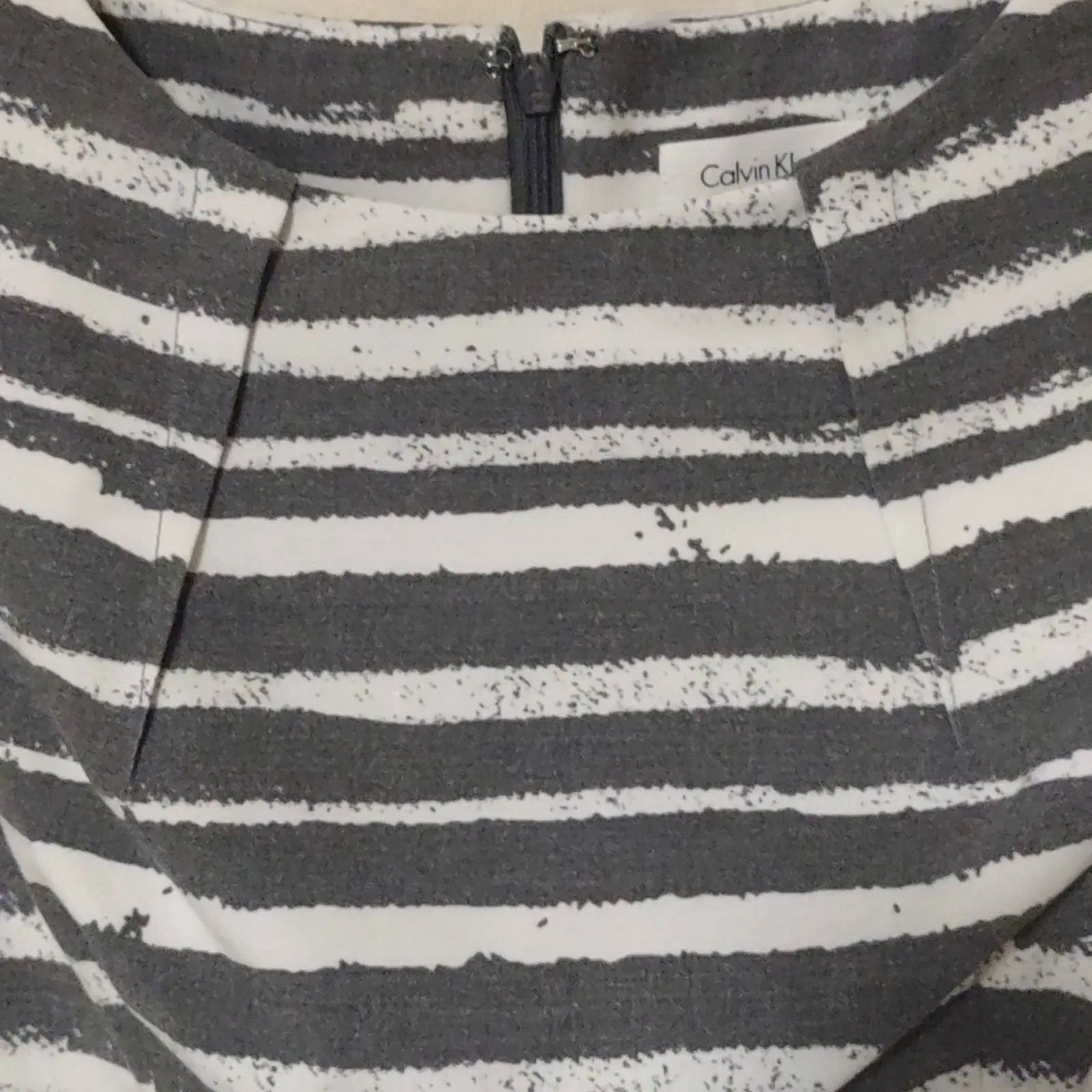 Calvin Klein Pleated & Belted Striped Sheath Dress in gray and white