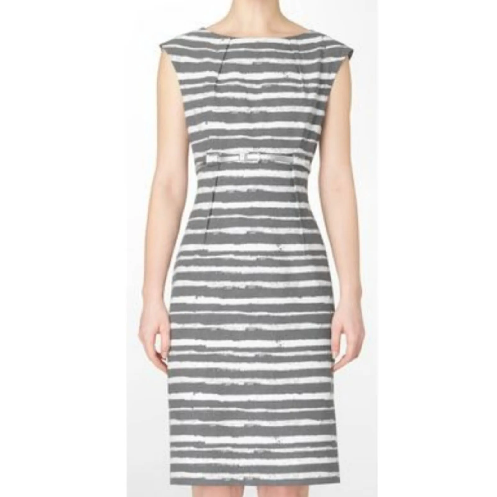 Calvin Klein Pleated & Belted Striped Sheath Dress in gray and white