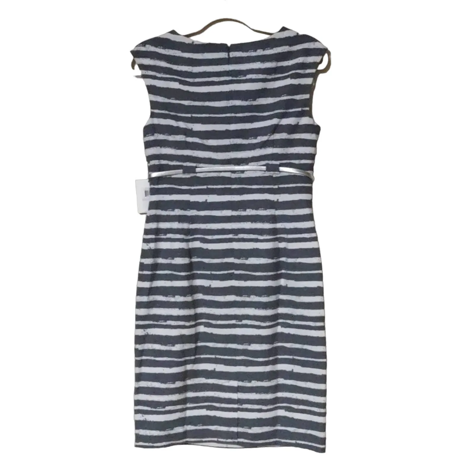 Calvin Klein Pleated & Belted Striped Sheath Dress in gray and white