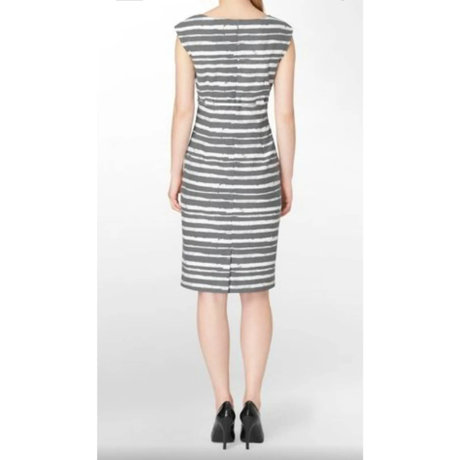Calvin Klein Pleated & Belted Striped Sheath Dress in gray and white