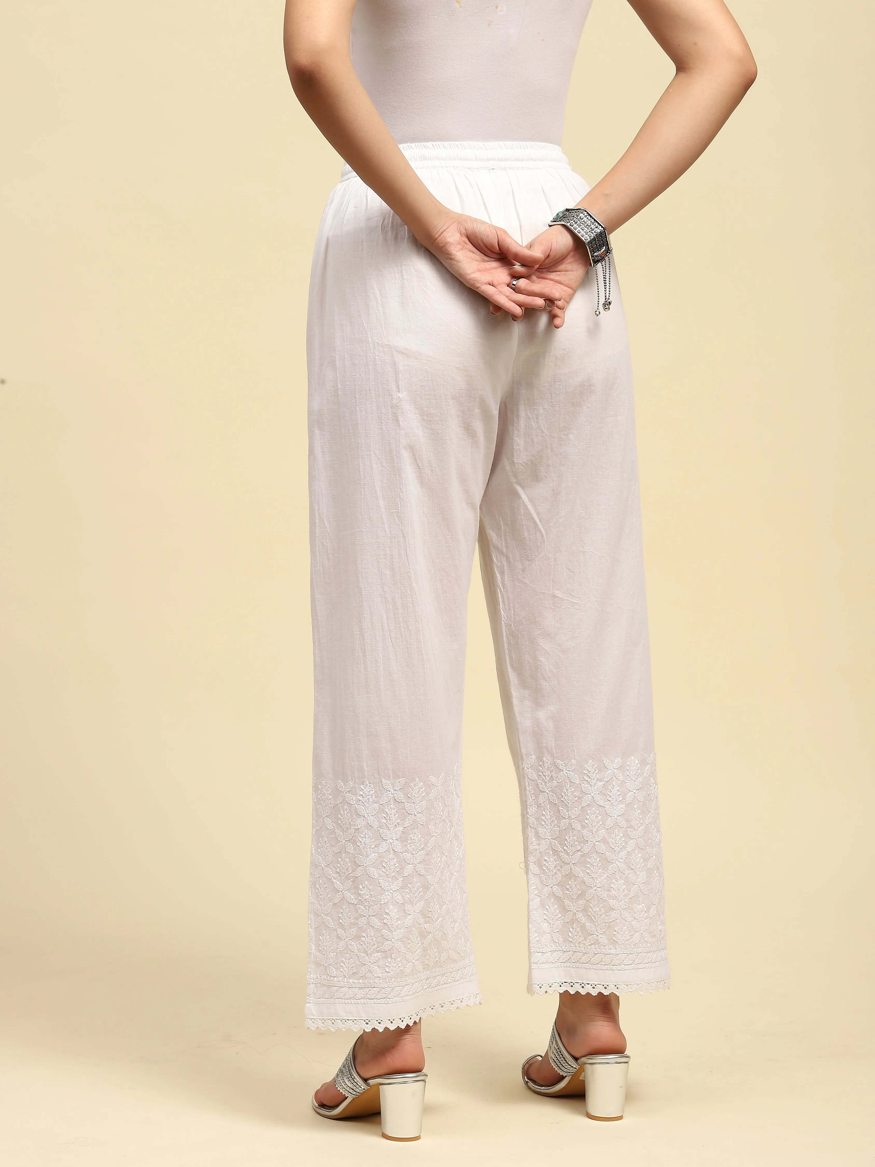 Cotton Chikankari Solid Women's Palazzo - White