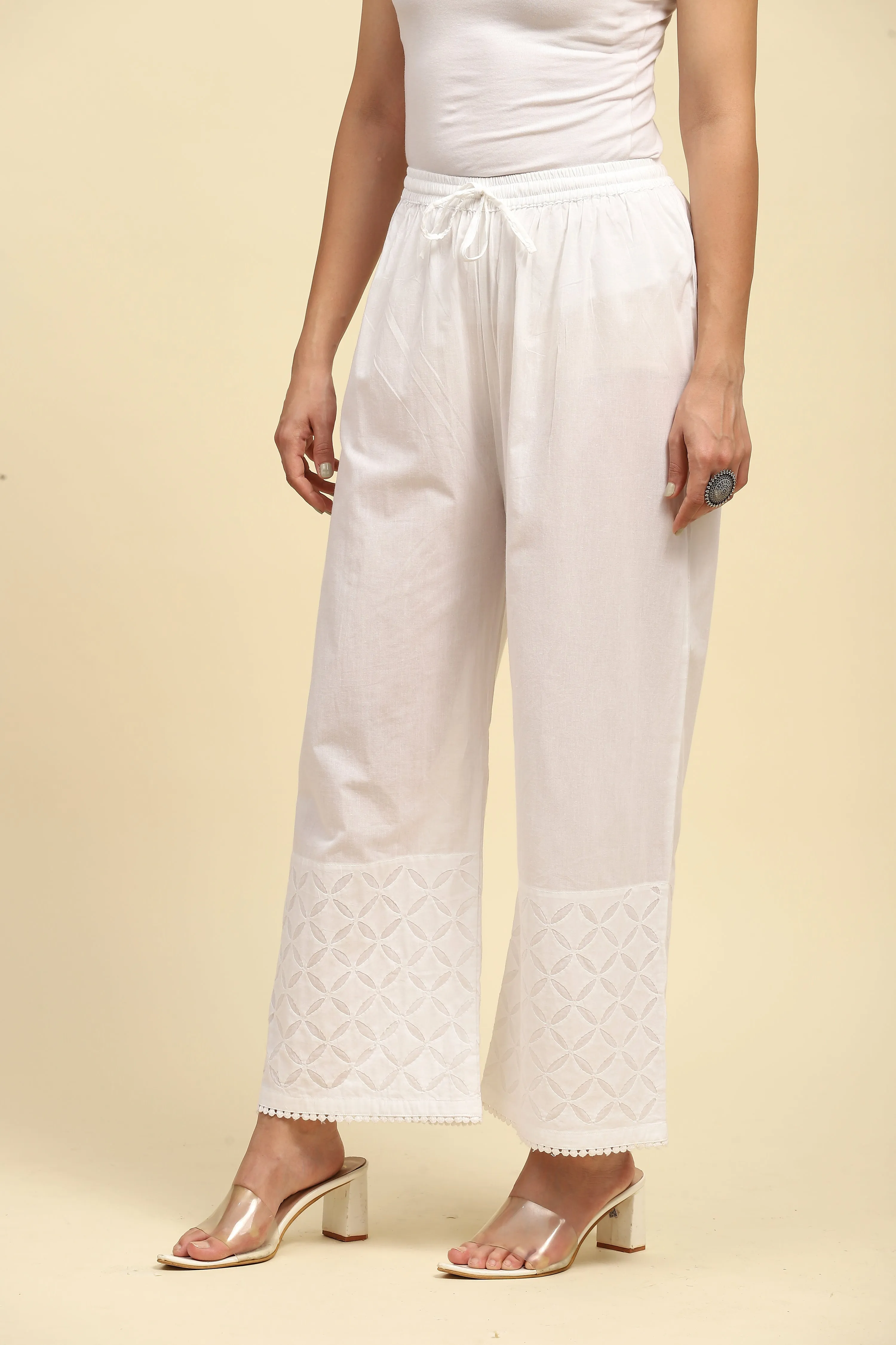 Cotton Chikankari Solid Women's Palazzo - White