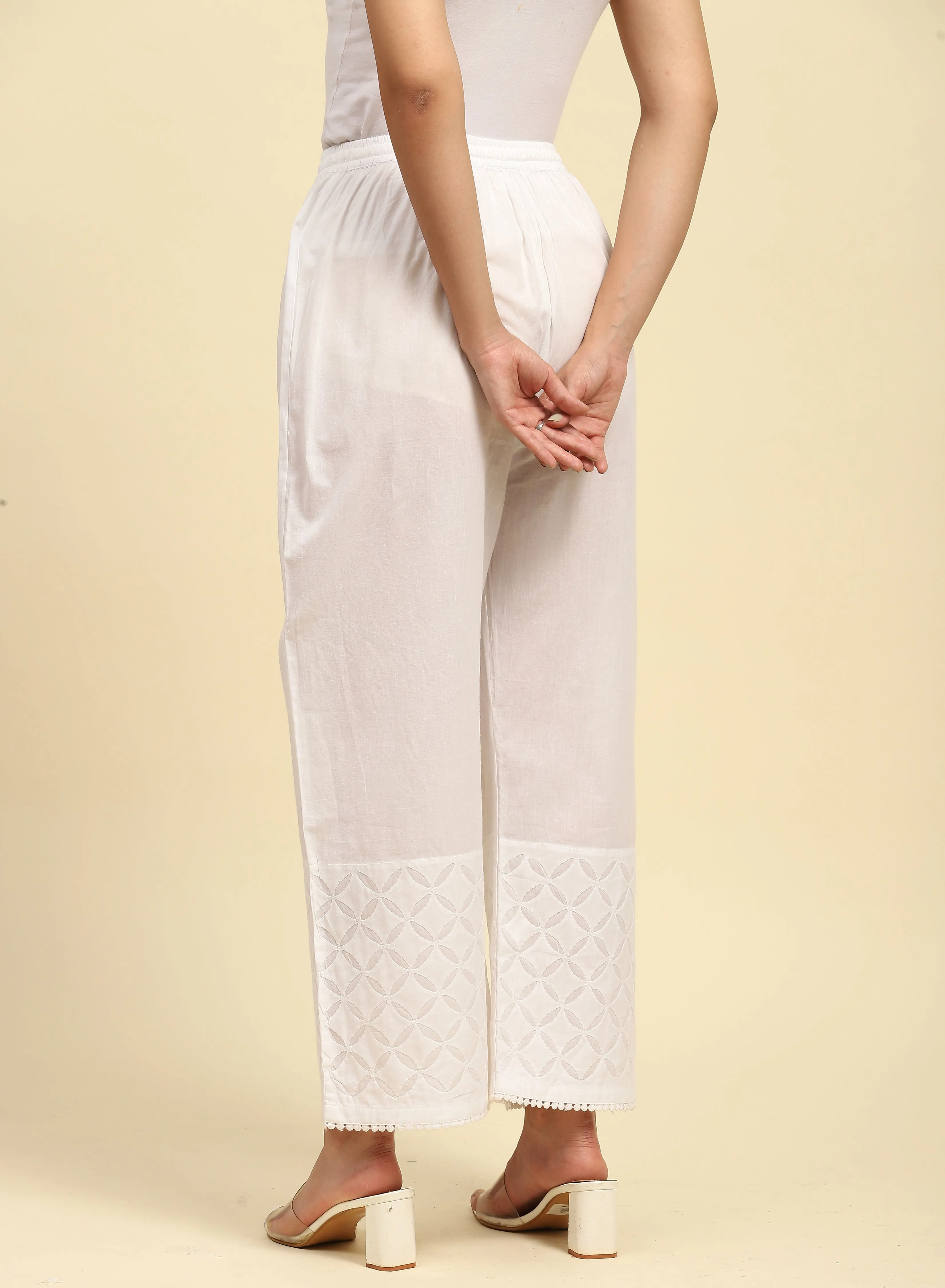 Cotton Chikankari Solid Women's Palazzo - White