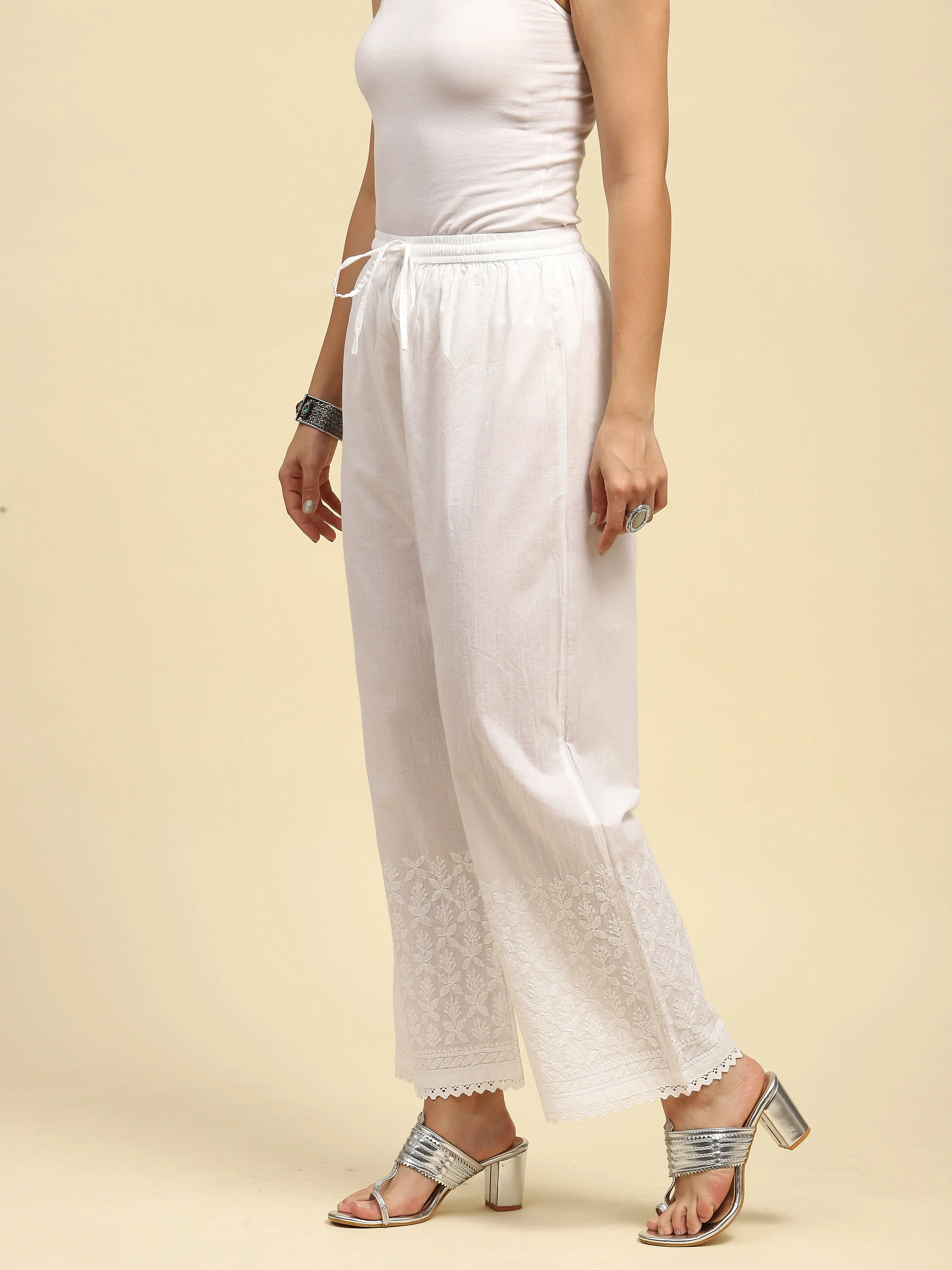 Cotton Chikankari Solid Women's Palazzo - White