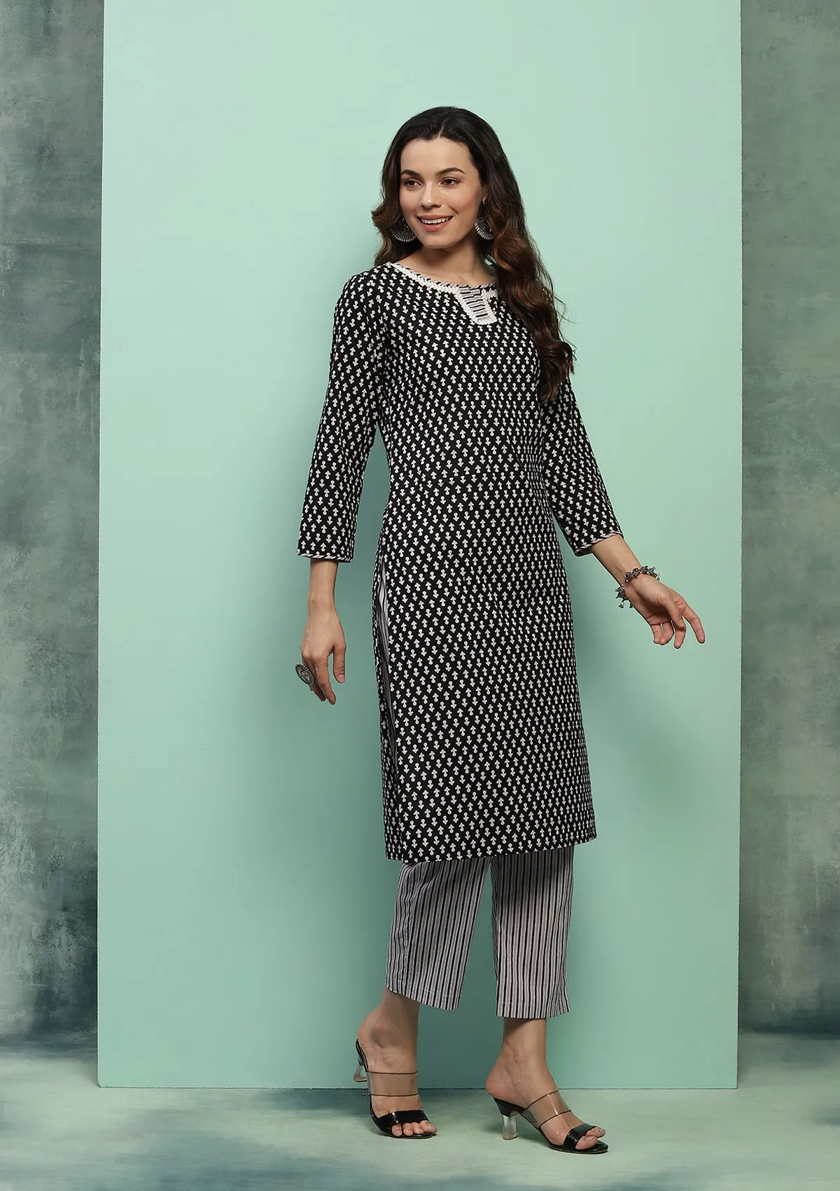 Cotton Printed Women's 2 PC Long Kurta Set - Black