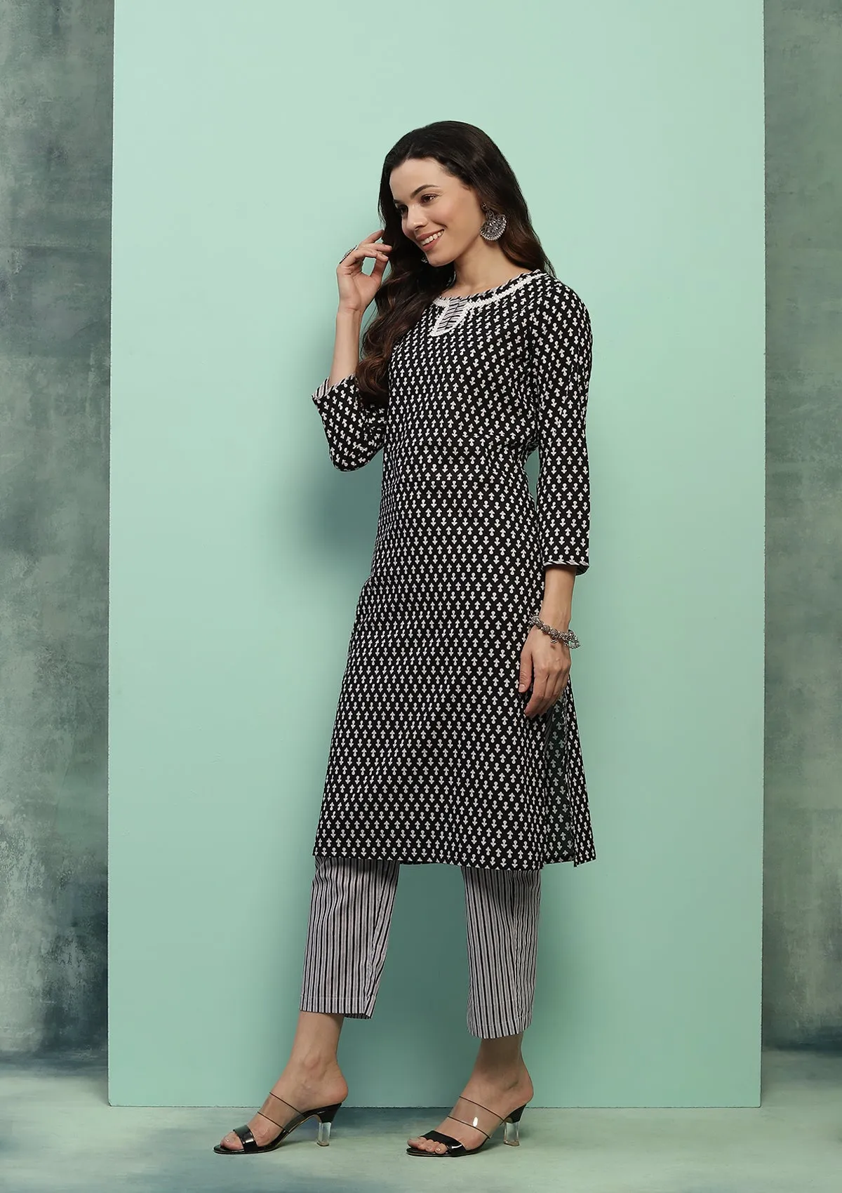 Cotton Printed Women's 2 PC Long Kurta Set - Black