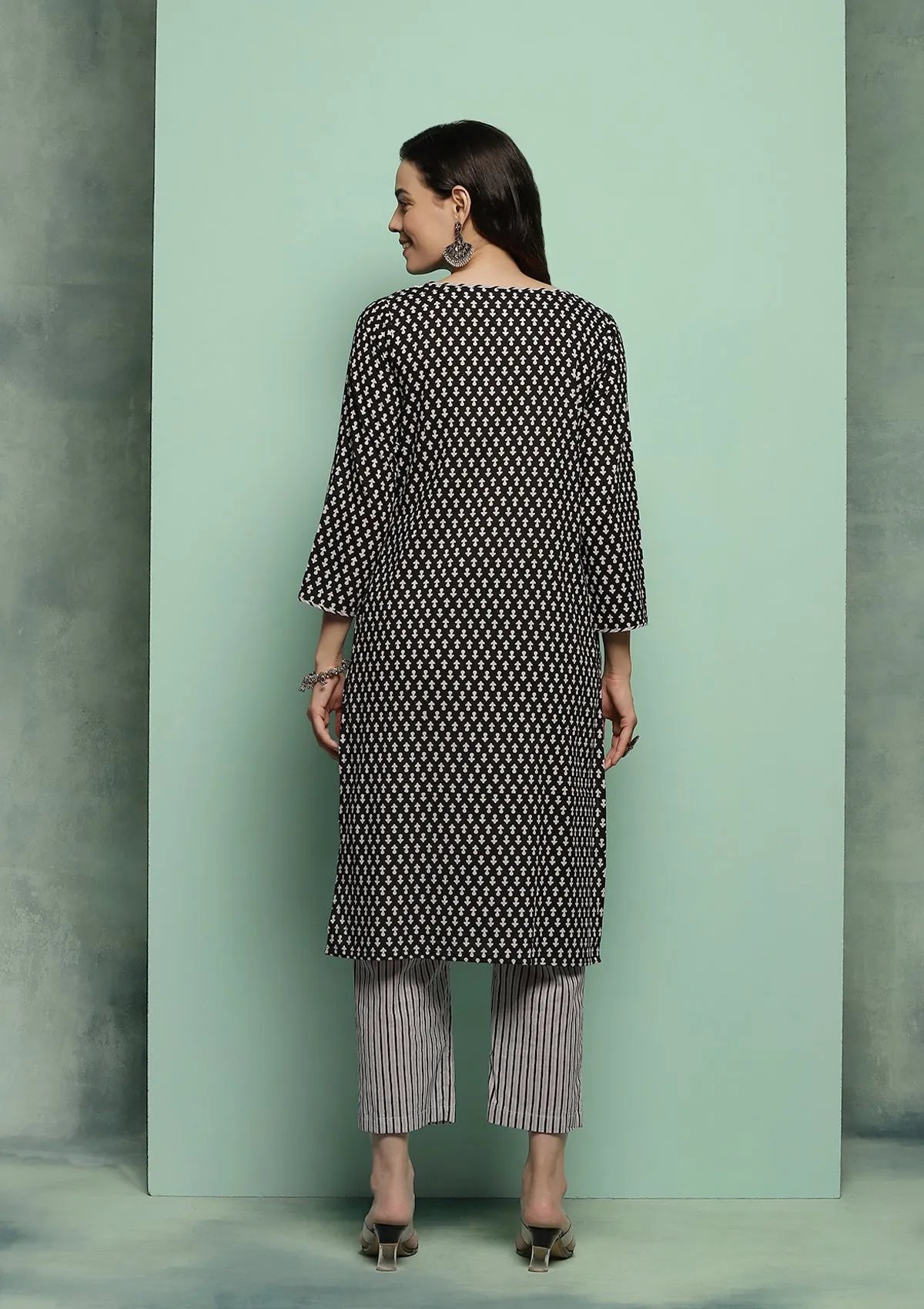 Cotton Printed Women's 2 PC Long Kurta Set - Black