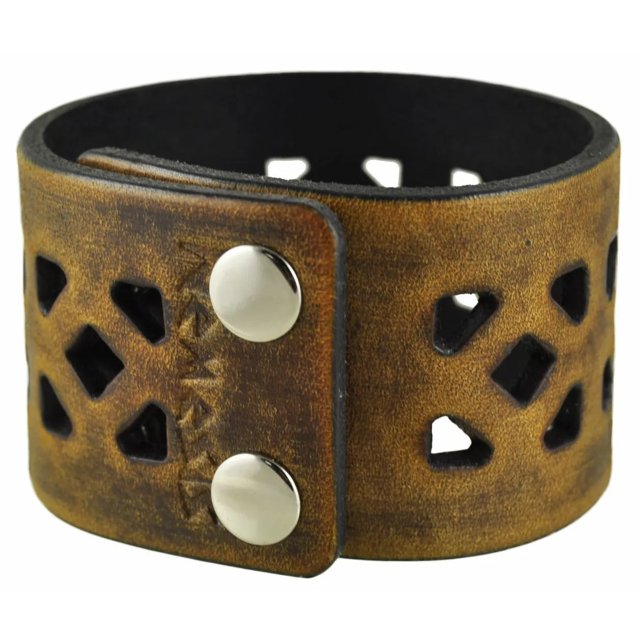 Cube Pattern Brown Leather Snap On Cuff