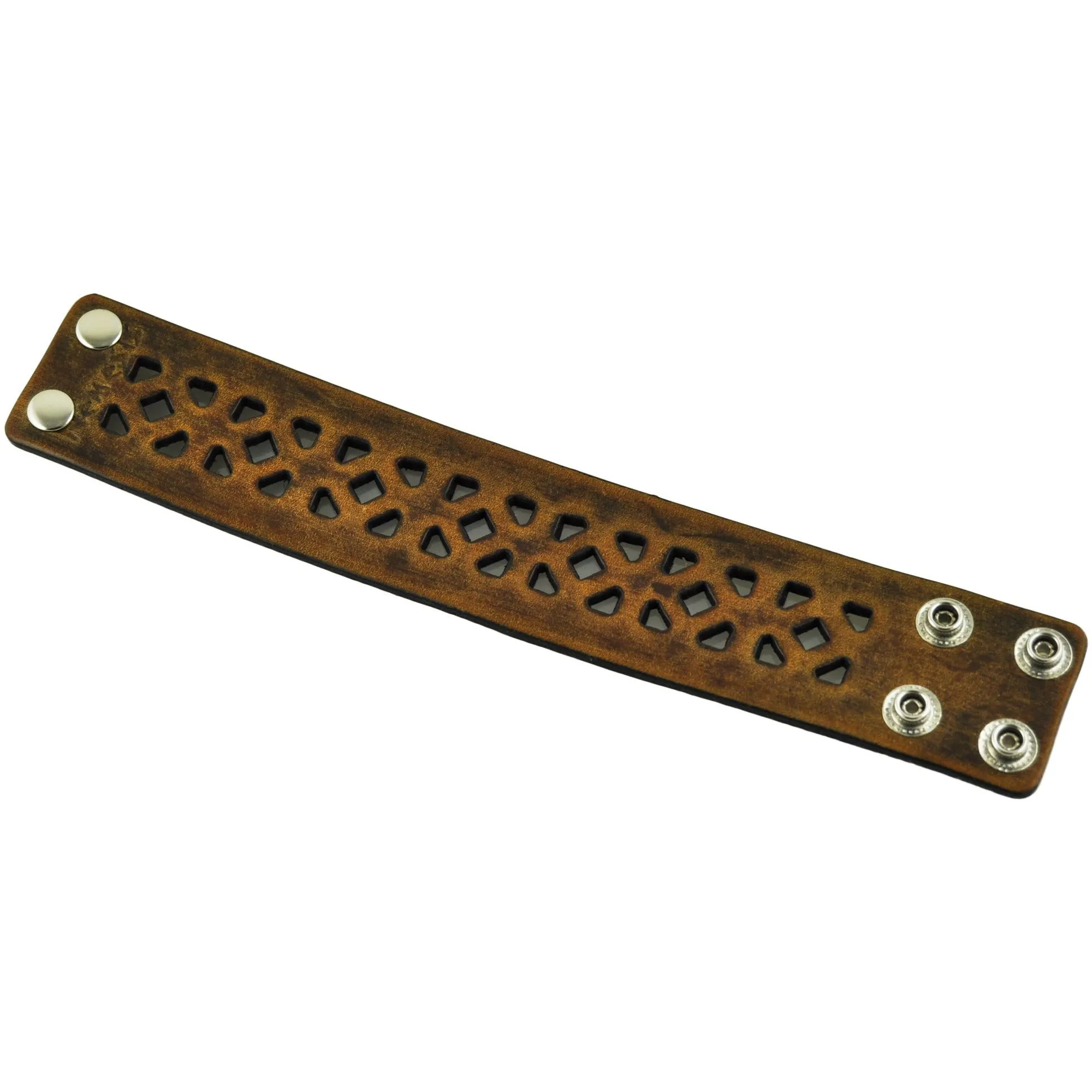 Cube Pattern Brown Leather Snap On Cuff