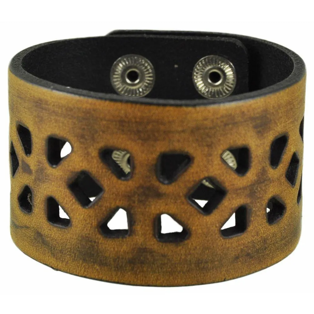 Cube Pattern Brown Leather Snap On Cuff
