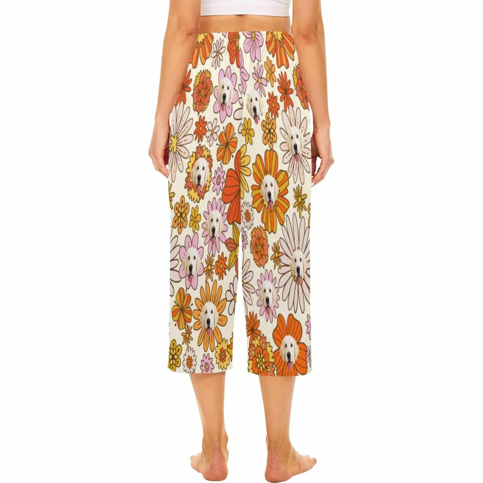 Custom Dog Face Flowers Cropped Pajama Pants For Women Girlfriend Fashion Gift Personalized