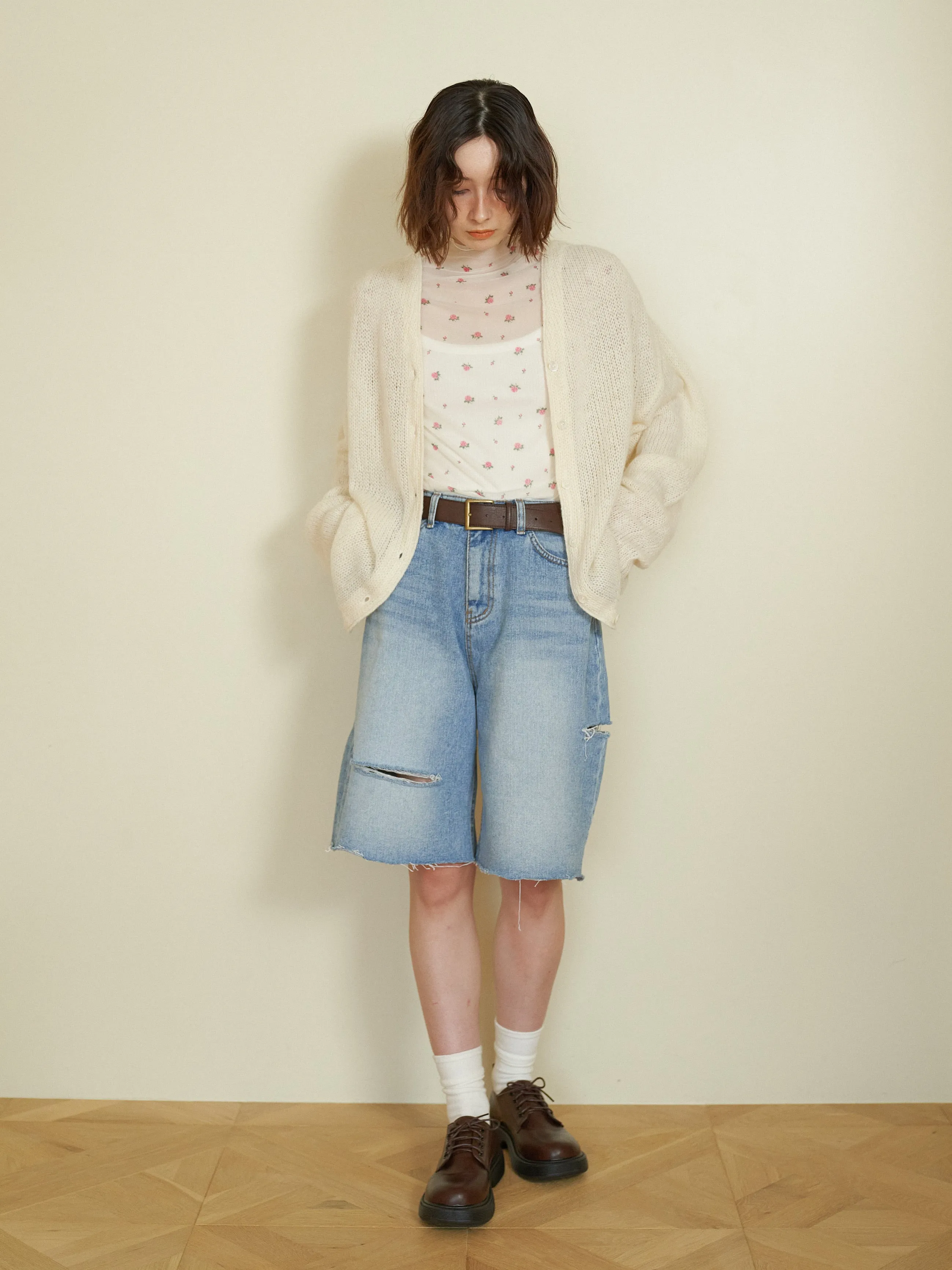 Cutting Design Denim Half Pants