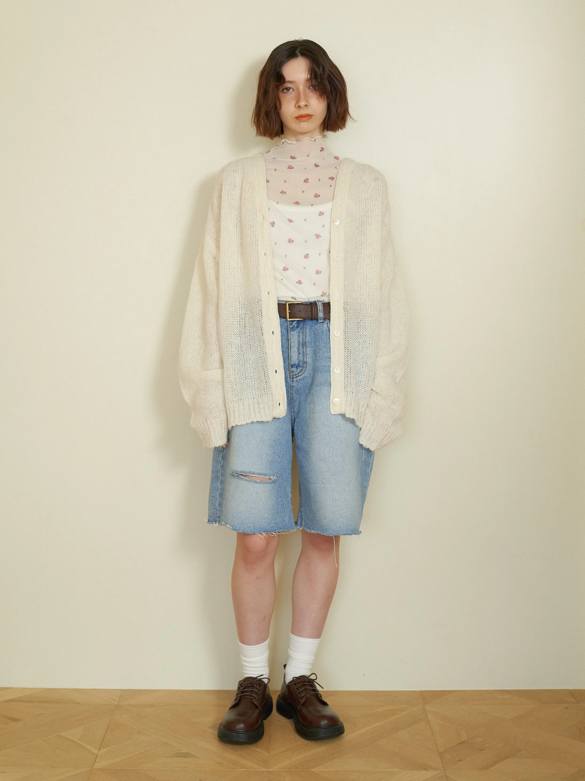 Cutting Design Denim Half Pants