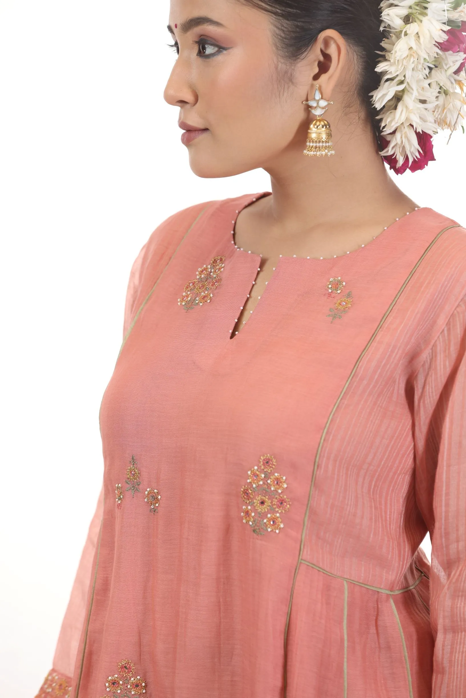 FALAK PANELLED KURTA SET - PEACH
