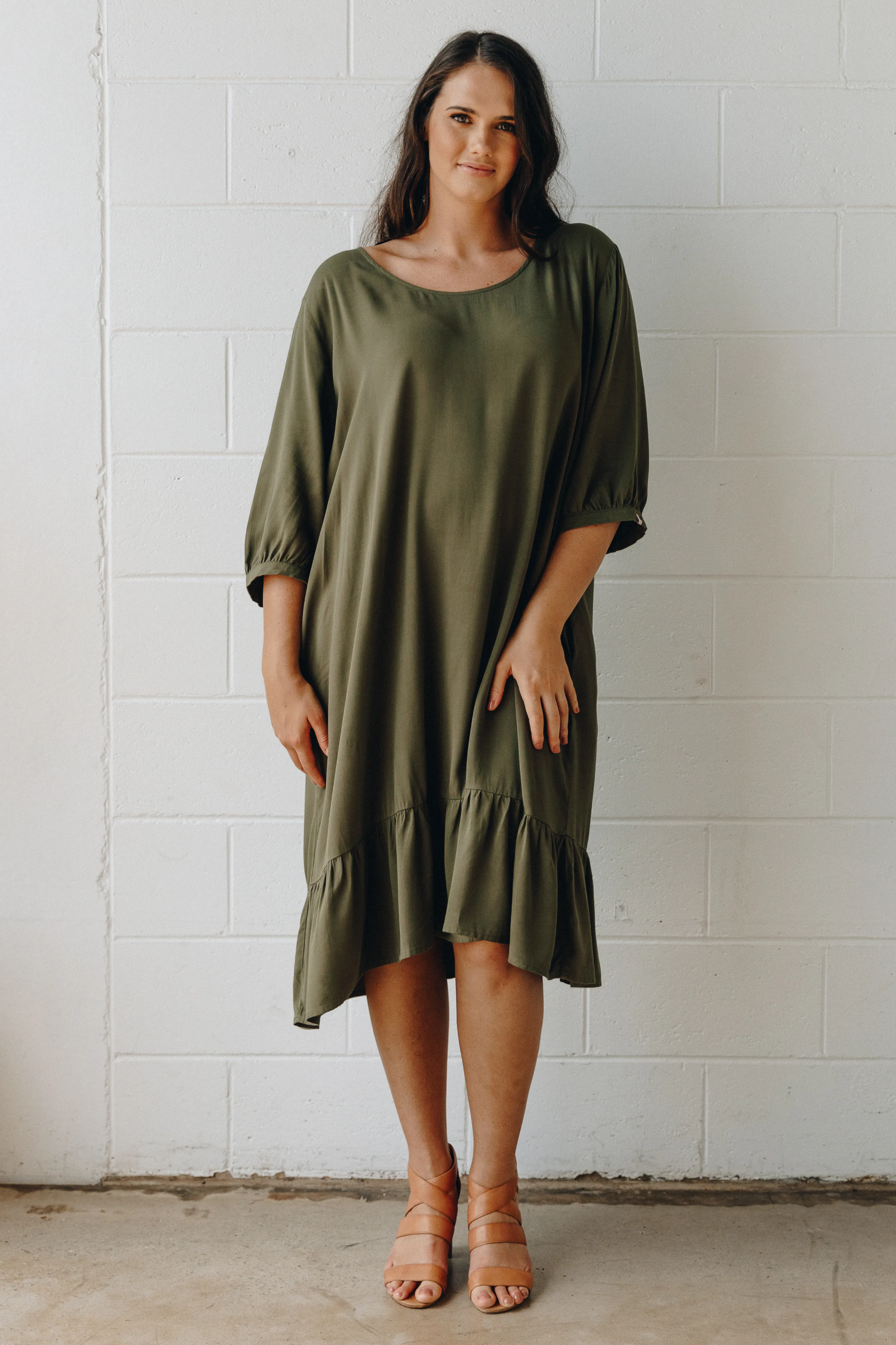 FINAL SALE Long Sleeve Flare Dress in Khaki