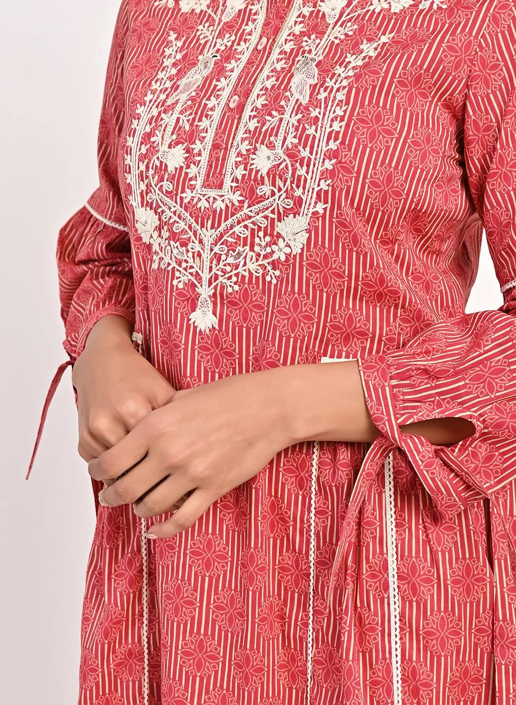 Floral Stripe Red Tunic with Dori Embroidery